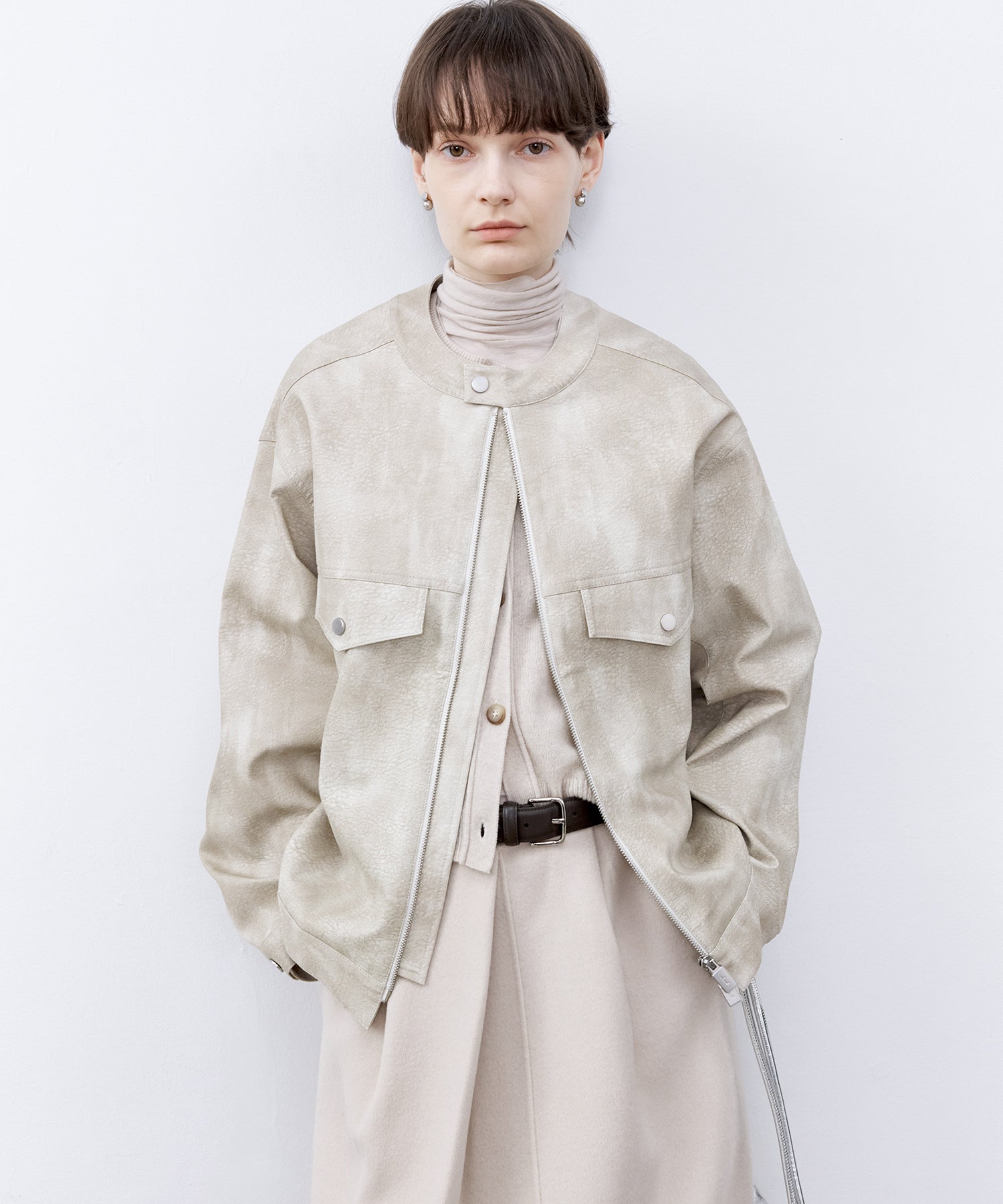 Vintage Grain Washed Faux Leather Panel Jacket