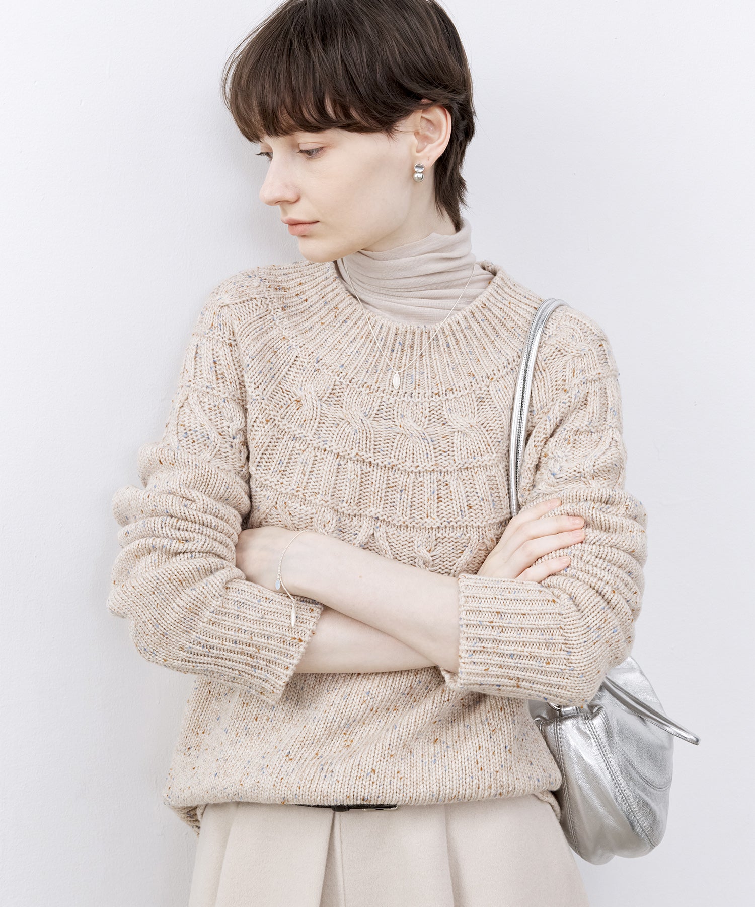 Draped Texture Wool Turtleneck Long Sleeve Top