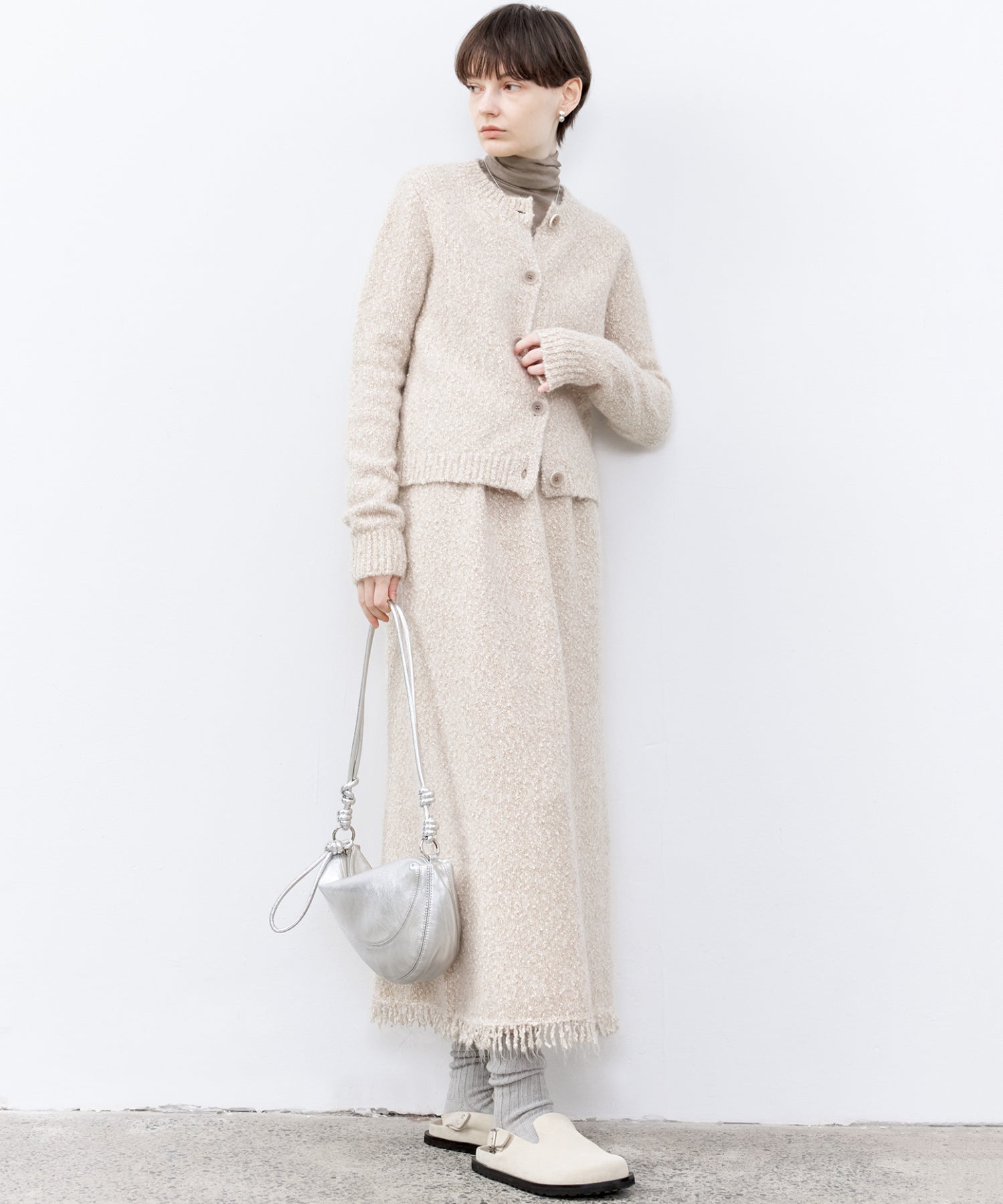 Fringe Accent Textured Knit Skirt – Tweed-Like A-Line