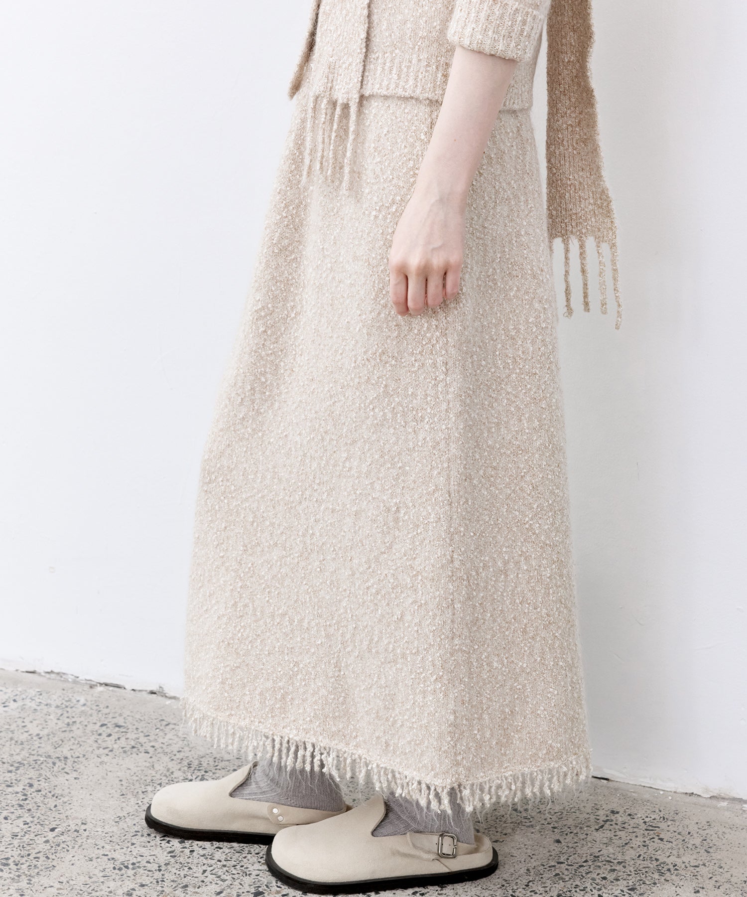 Fringe Accent Textured Knit Skirt – Tweed-Like A-Line