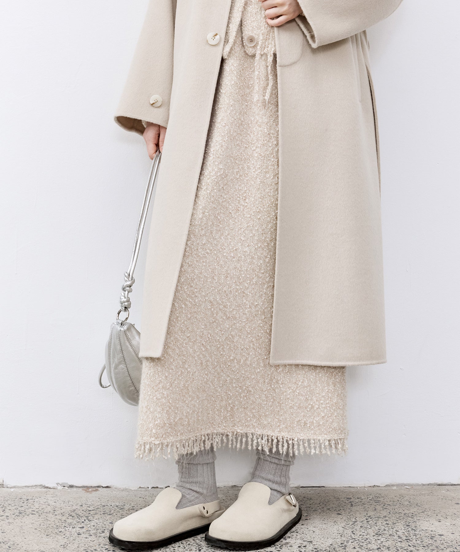 Fringe Accent Textured Knit Skirt – Tweed-Like A-Line