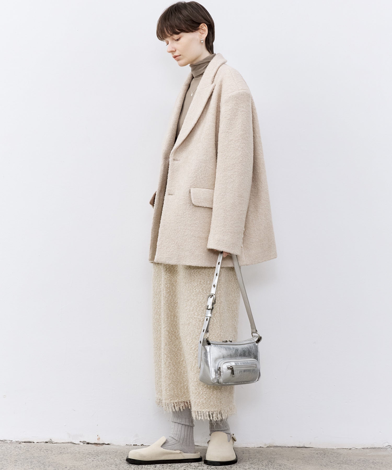 Draped Texture Wool Turtleneck Long Sleeve Top