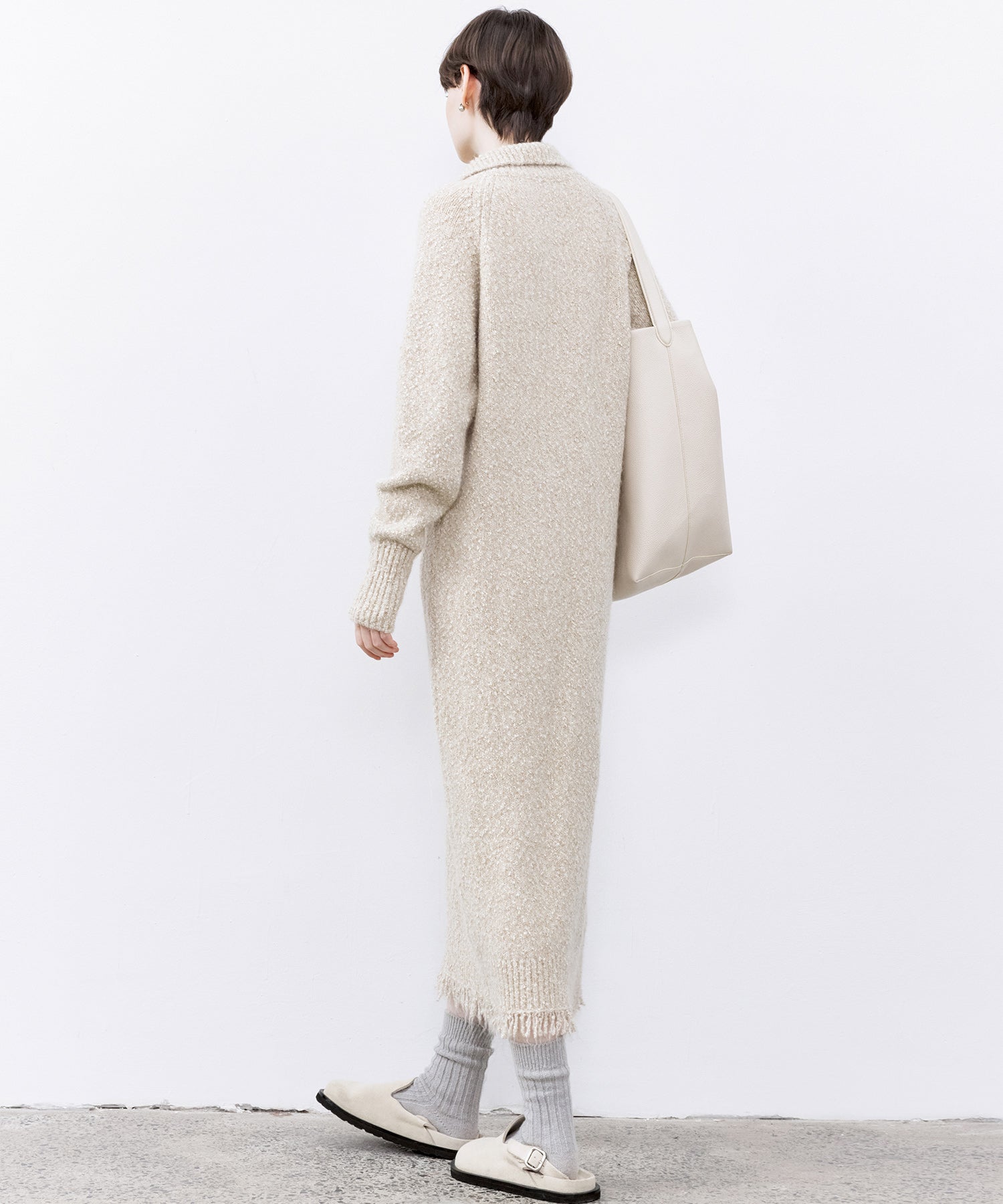 Tweed Like Knit Shirt Dress with Fringe Details