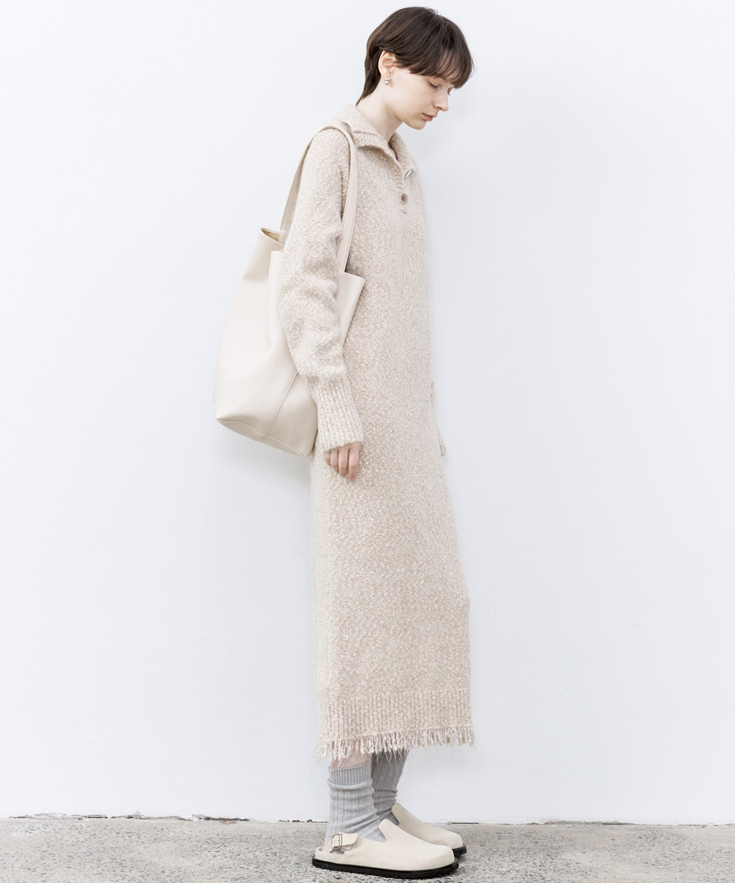 Tweed Like Knit Shirt Dress with Fringe Details