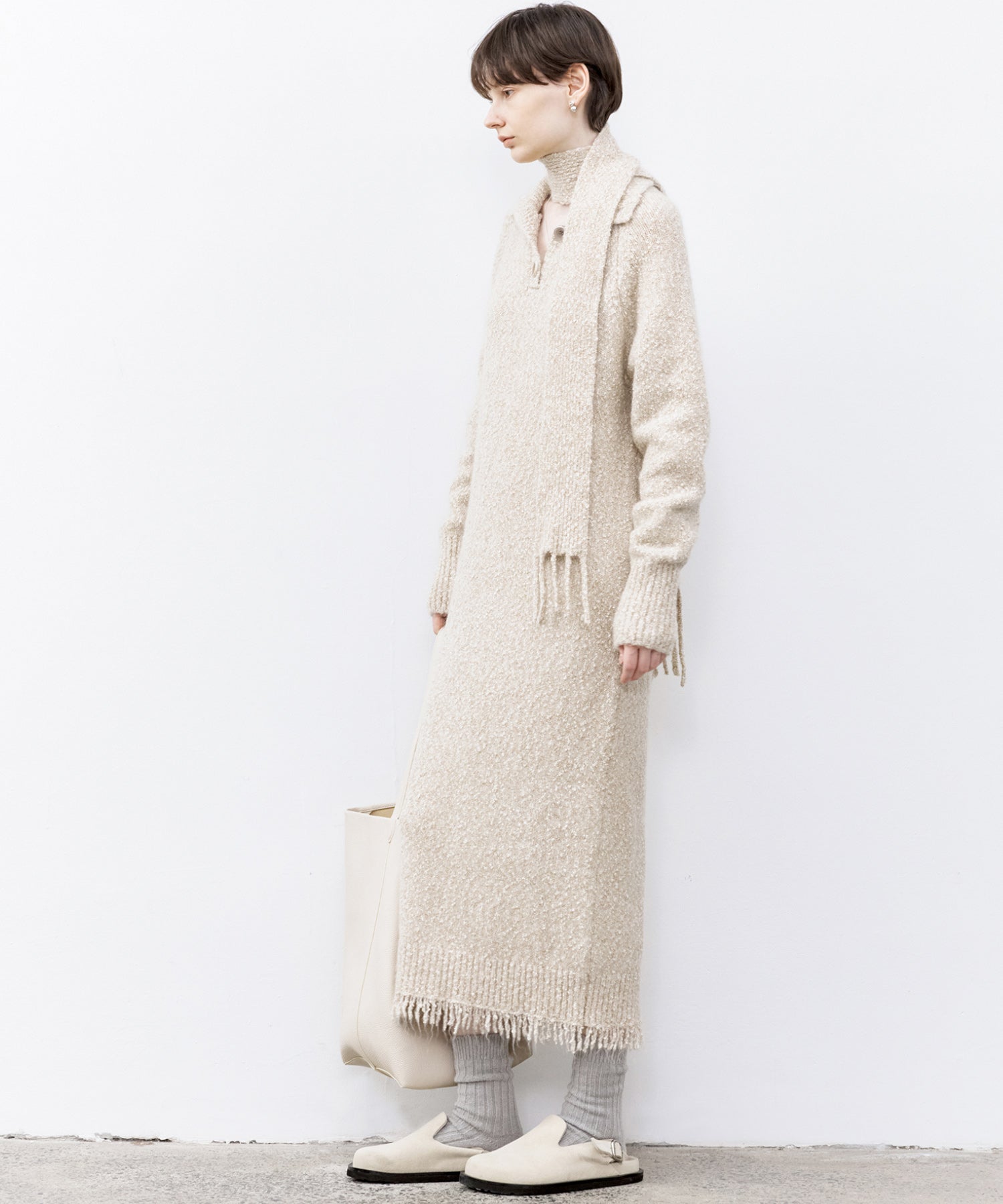 Tweed Like Knit Shirt Dress with Fringe Details