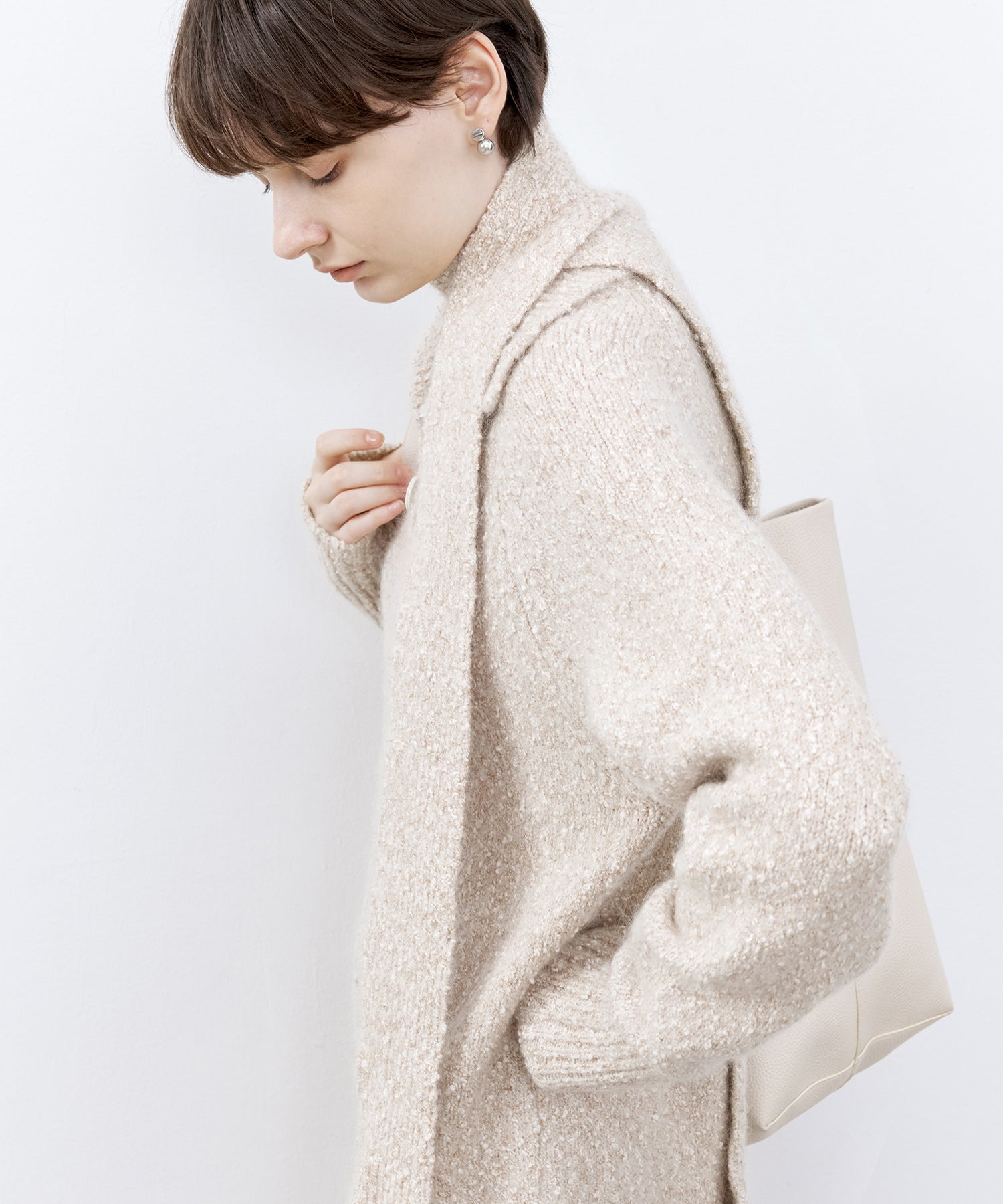 Tweed Like Knit Shirt Dress with Fringe Details