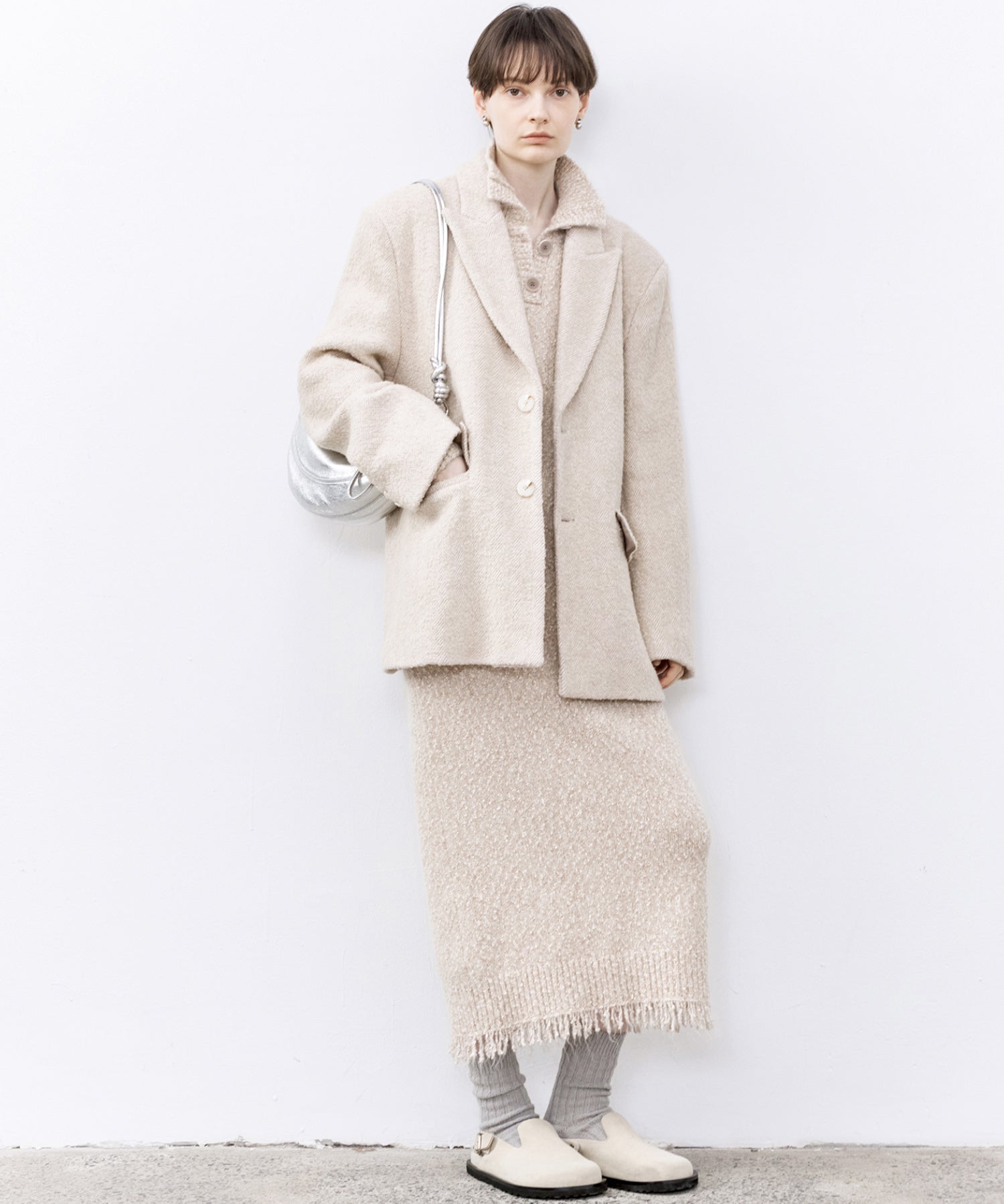 Tweed Like Knit Shirt Dress with Fringe Details