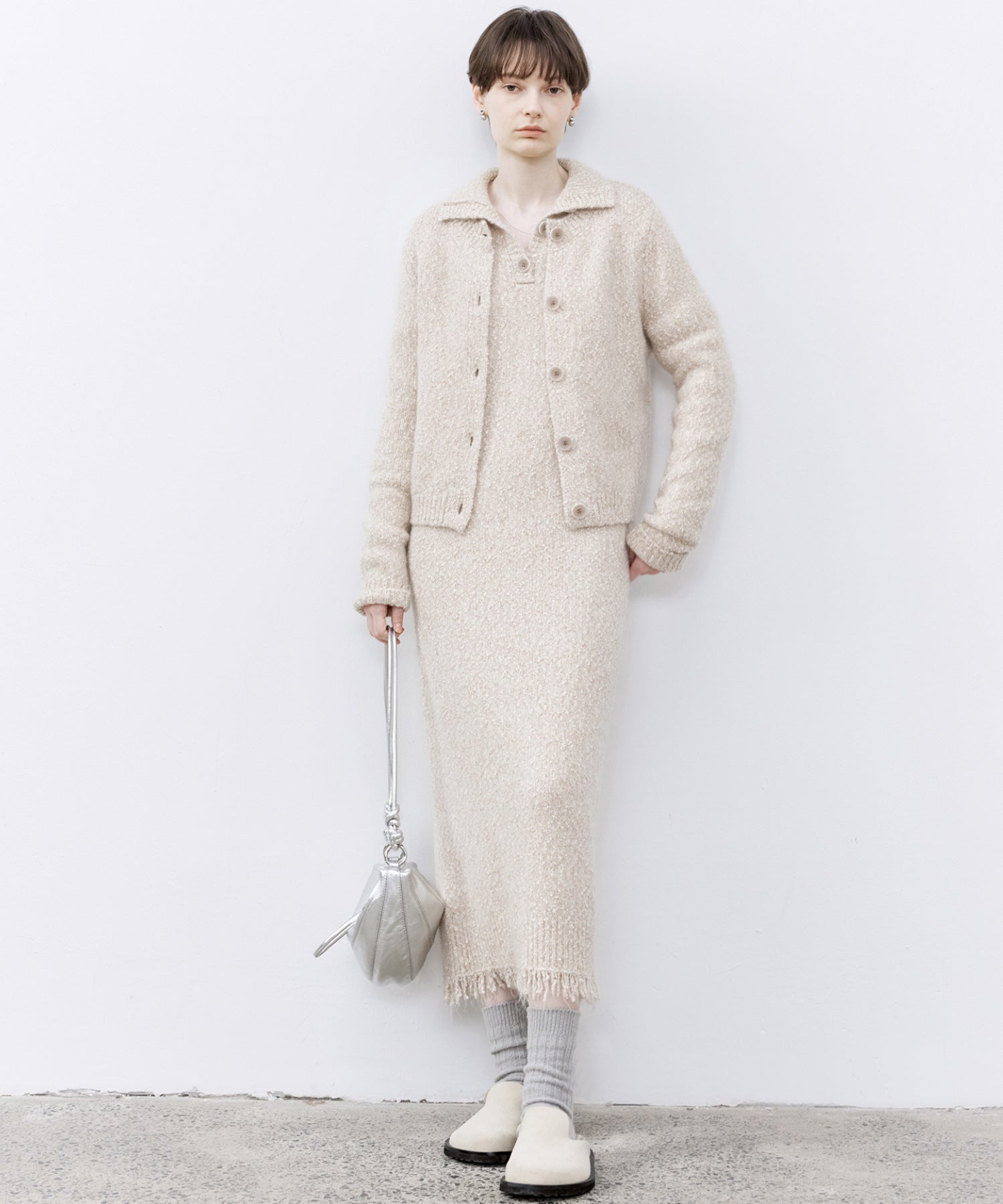 Tweed Like Knit Shirt Dress with Fringe Details