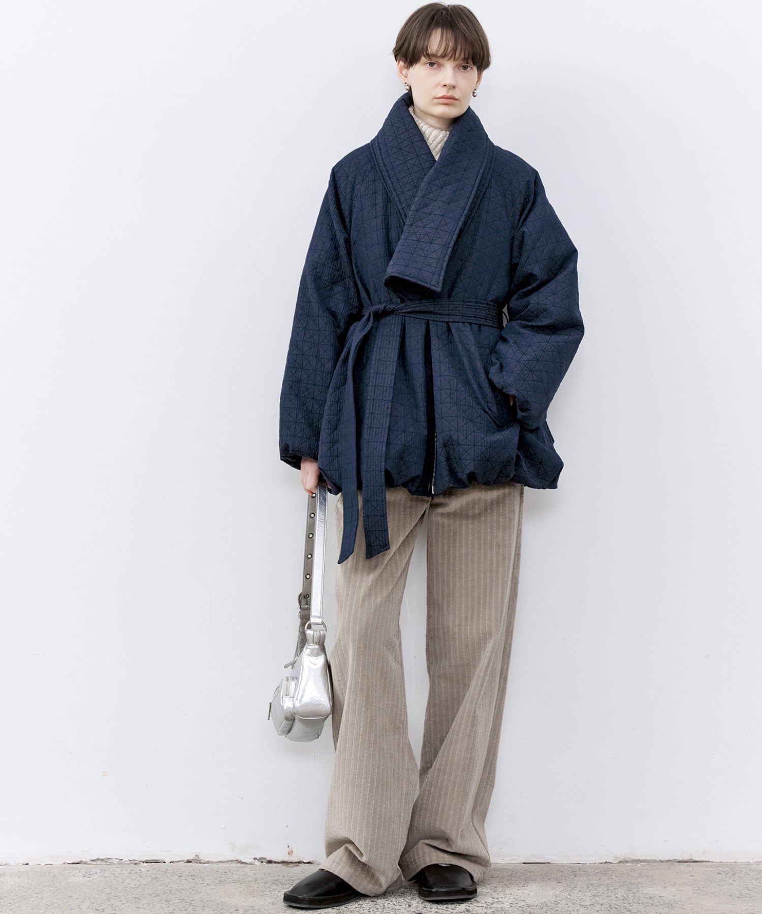 Diamond Jacquard Quilted Down Coat – Belt & Scarf Set