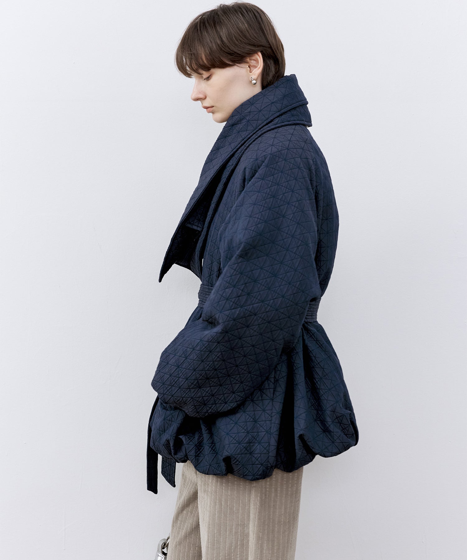 Diamond Jacquard Quilted Down Coat – Belt & Scarf Set