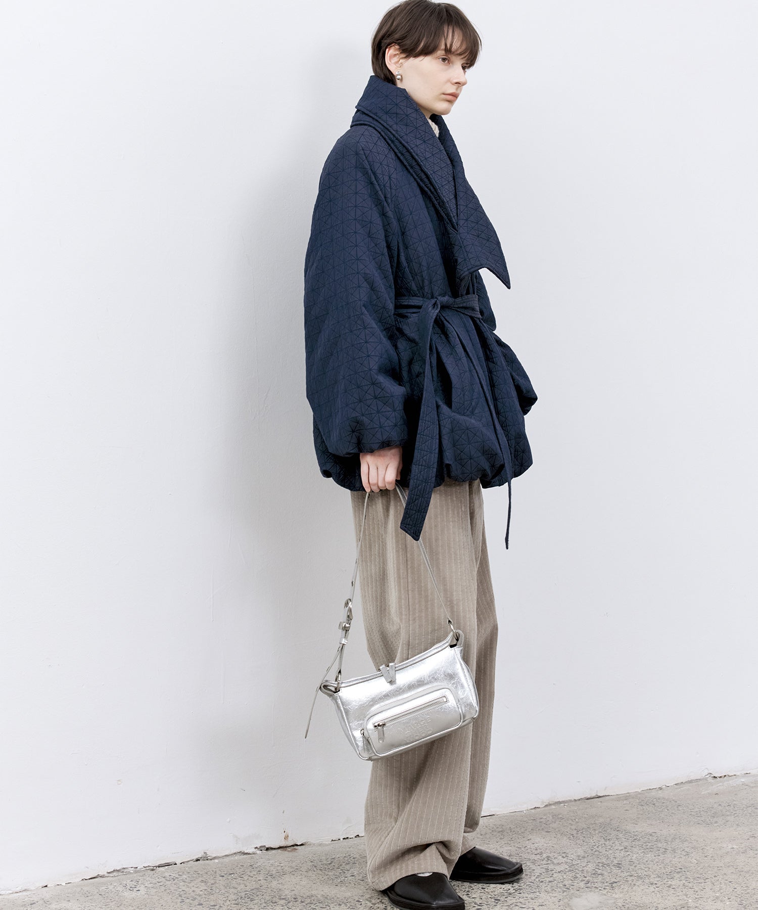 Diamond Jacquard Quilted Down Coat – Belt & Scarf Set