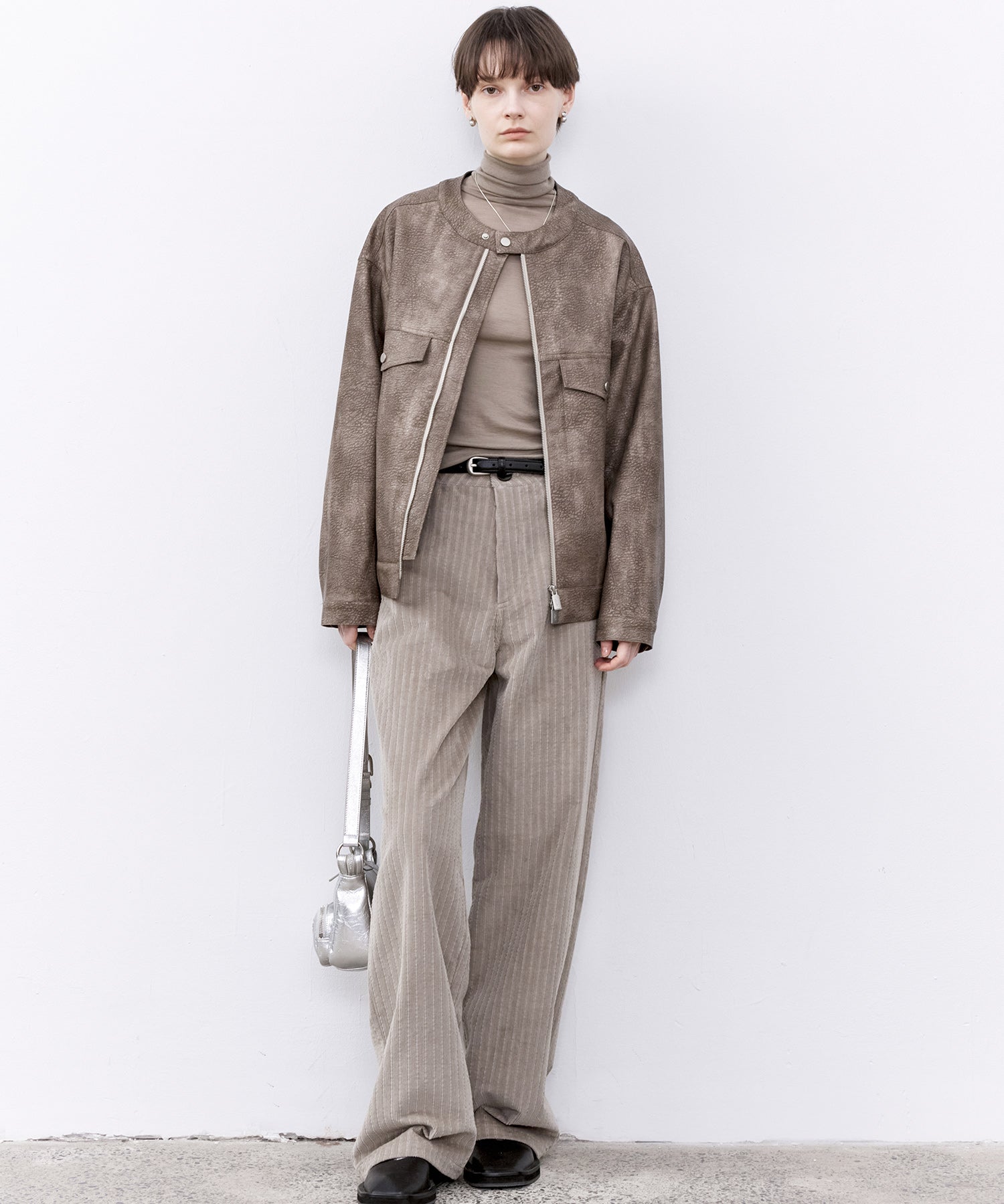 Vintage Grain Washed Faux Leather Panel Jacket