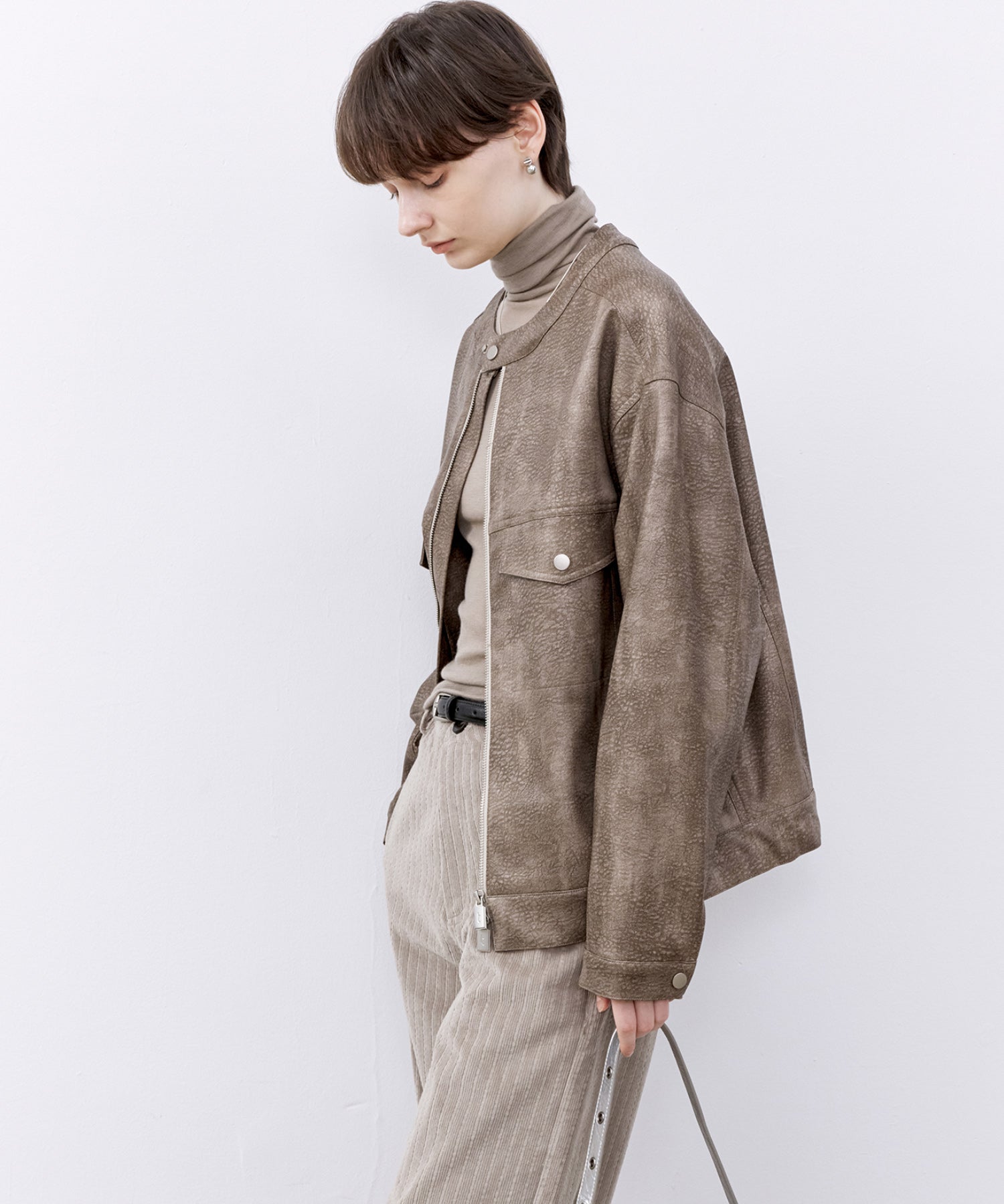 Vintage Grain Washed Faux Leather Panel Jacket