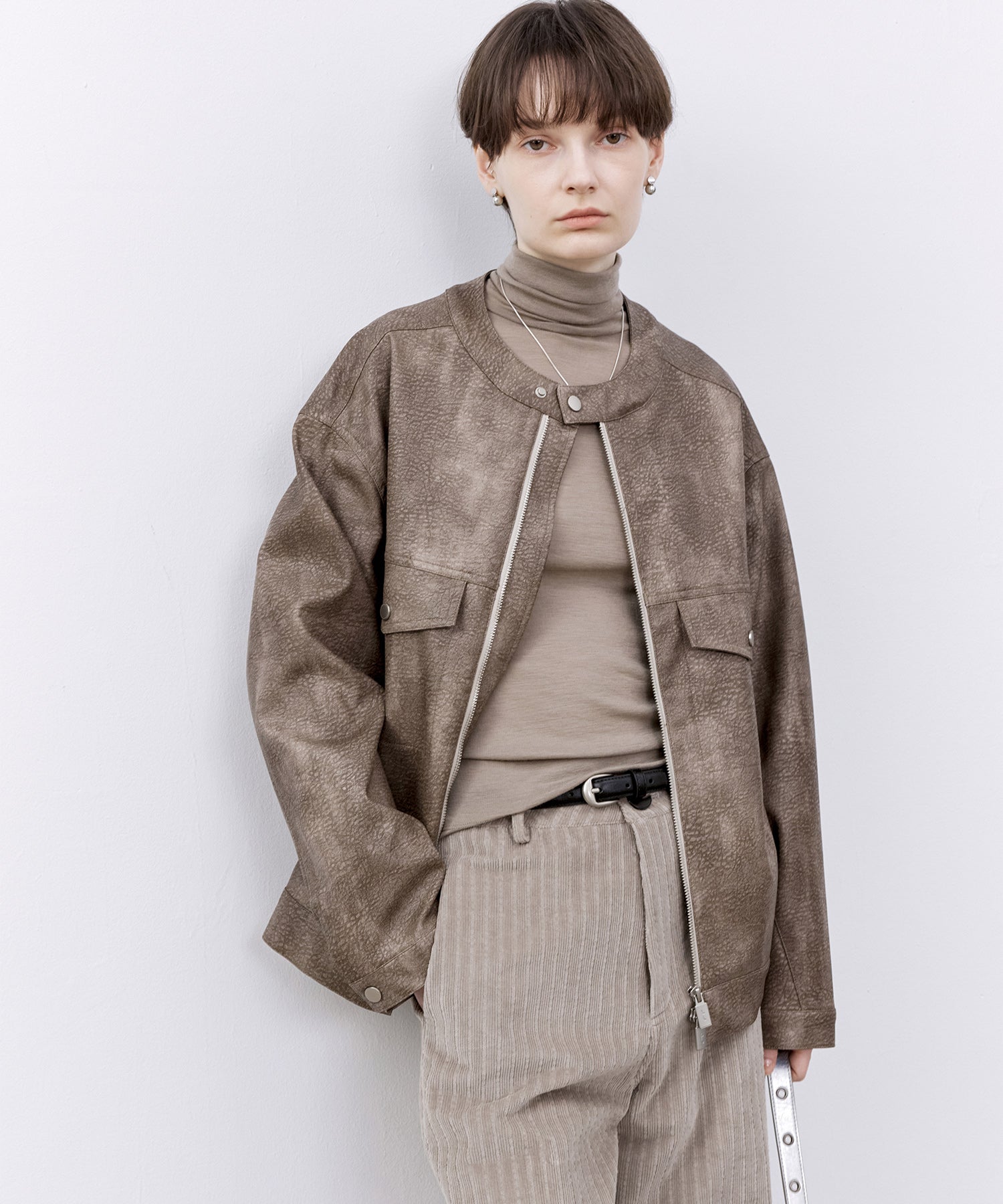 Vintage Grain Washed Faux Leather Panel Jacket