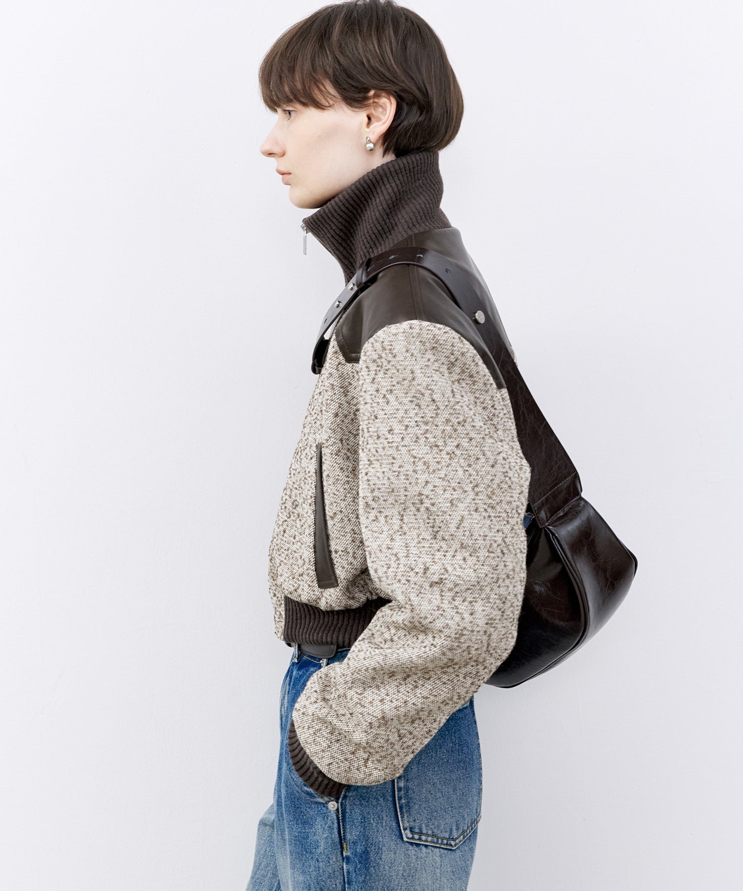 Textured Panel Short Puffer Jacket with Ribbed Stand Collar