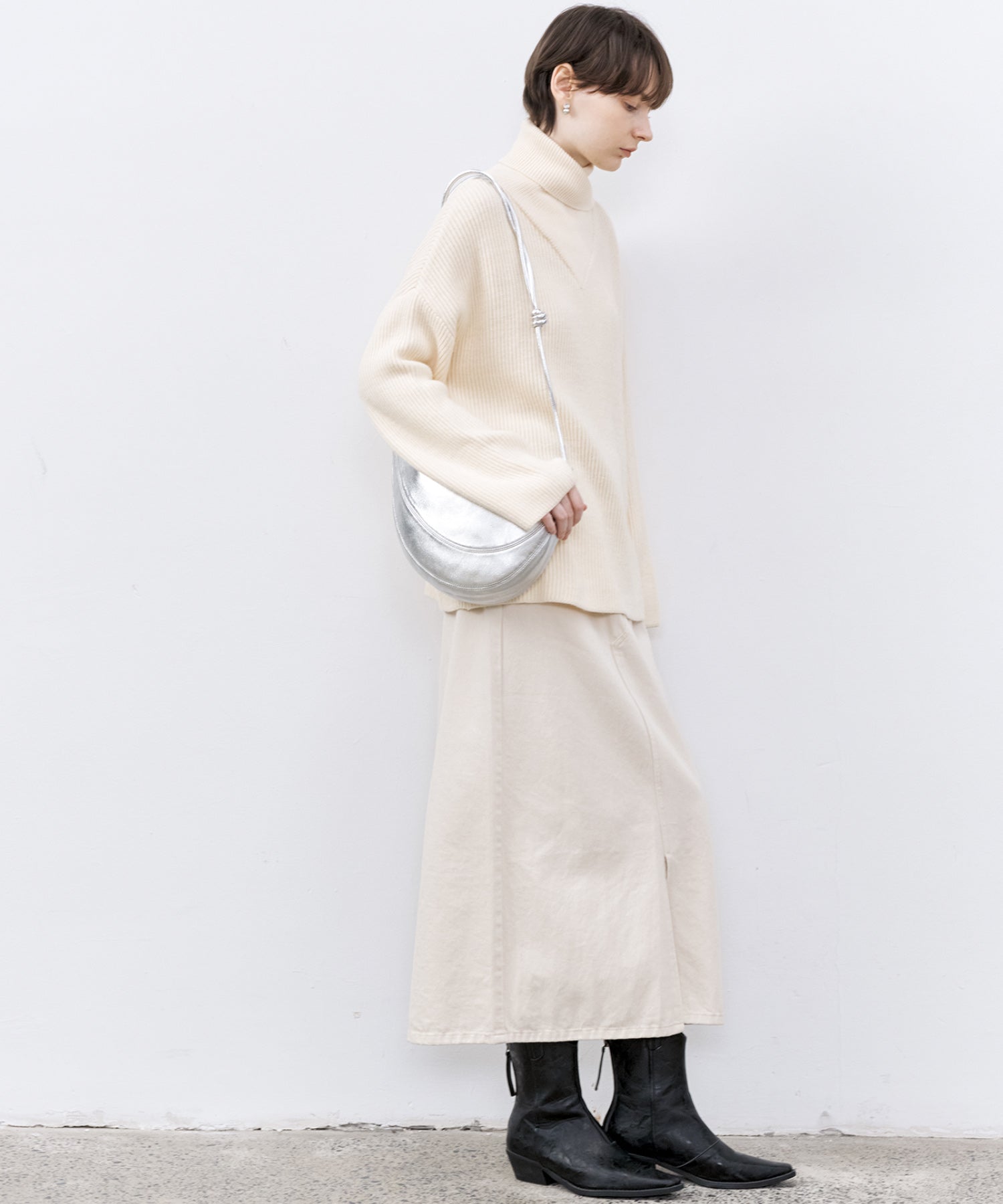 Relaxed Fit Wool-Blend Sweater with Crossed High Neck