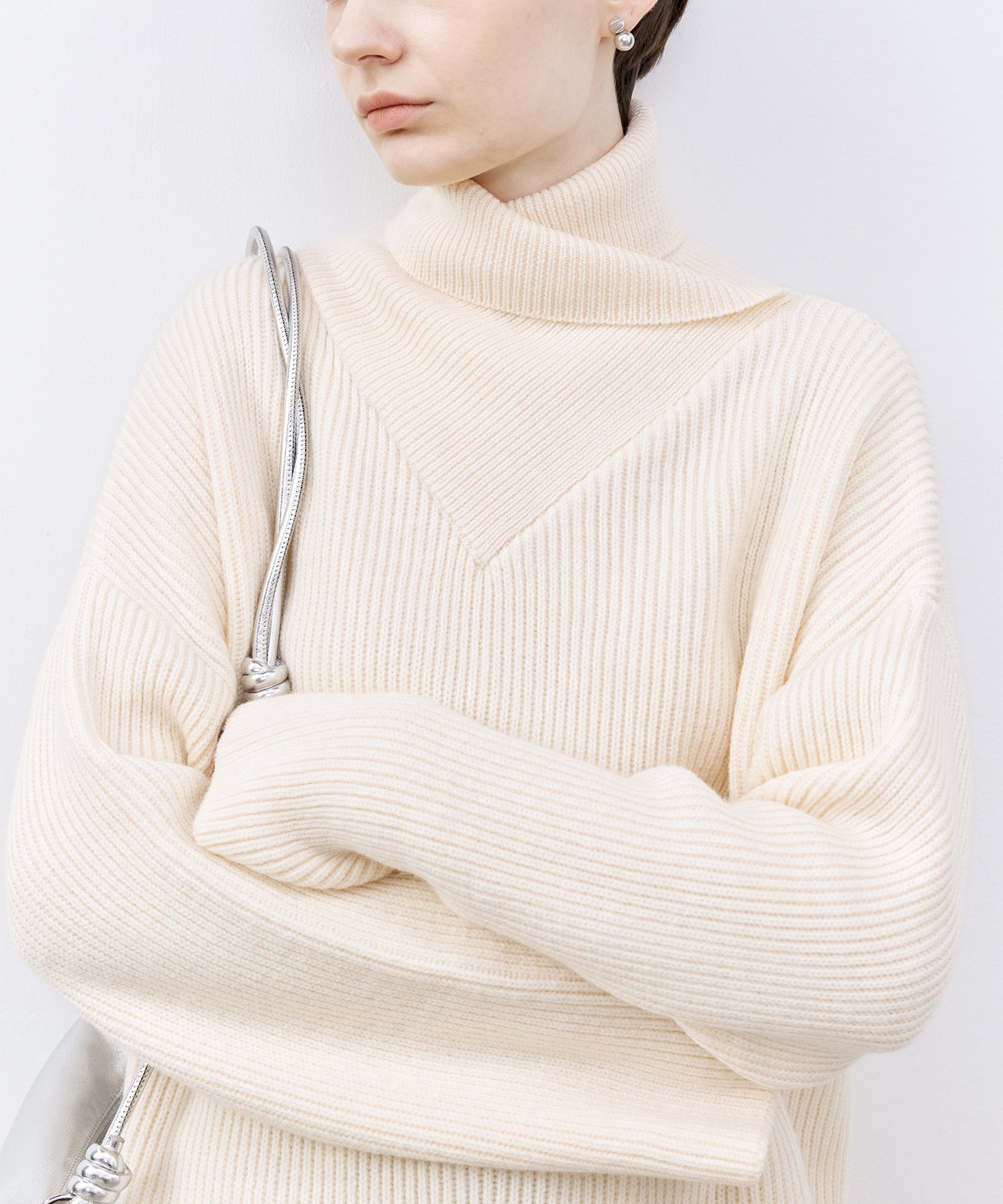 Relaxed Fit Wool-Blend Sweater with Crossed High Neck