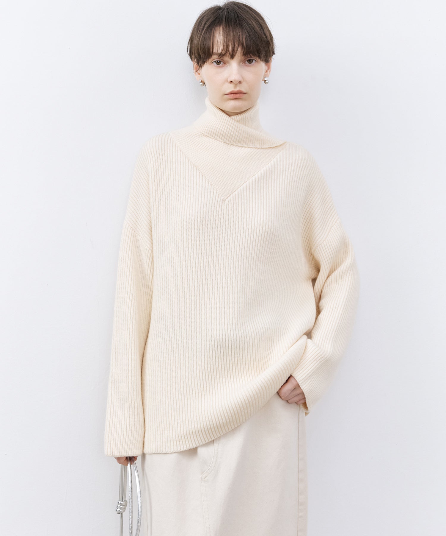 Relaxed Fit Wool-Blend Sweater with Crossed High Neck