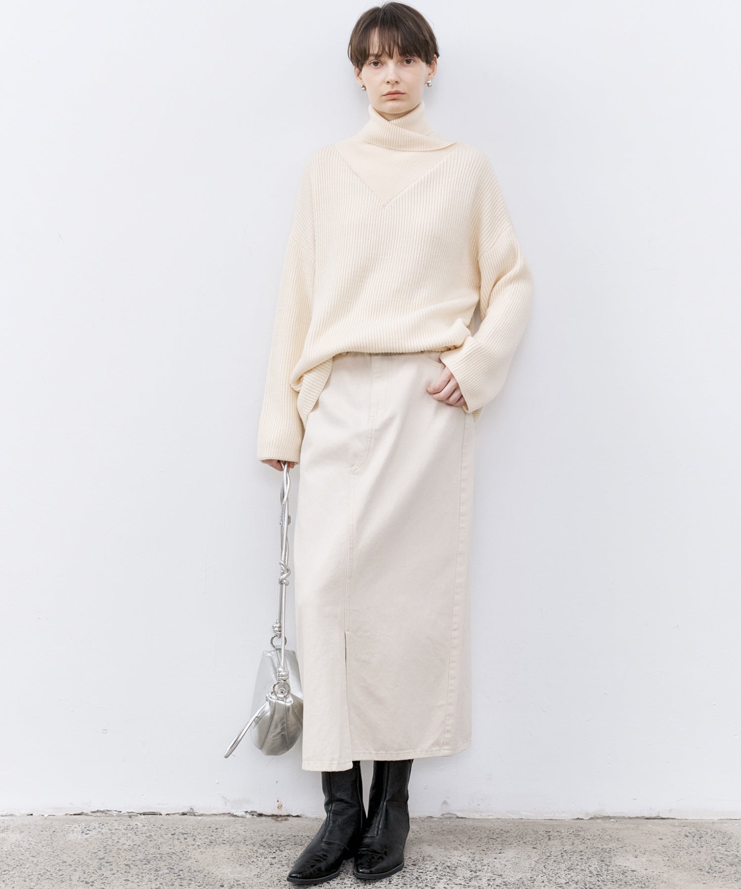 Relaxed Fit Wool-Blend Sweater with Crossed High Neck