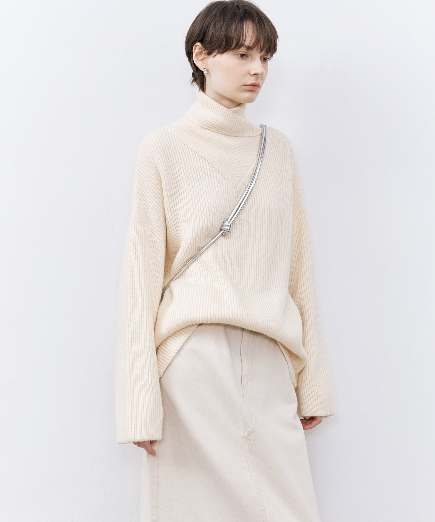 Relaxed Fit Wool-Blend Sweater with Crossed High Neck
