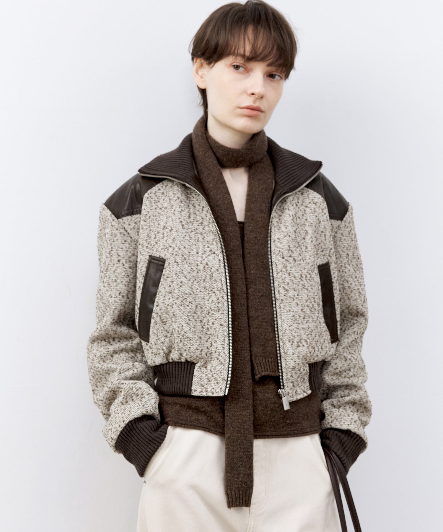 Textured Panel Short Puffer Jacket with Ribbed Stand Collar