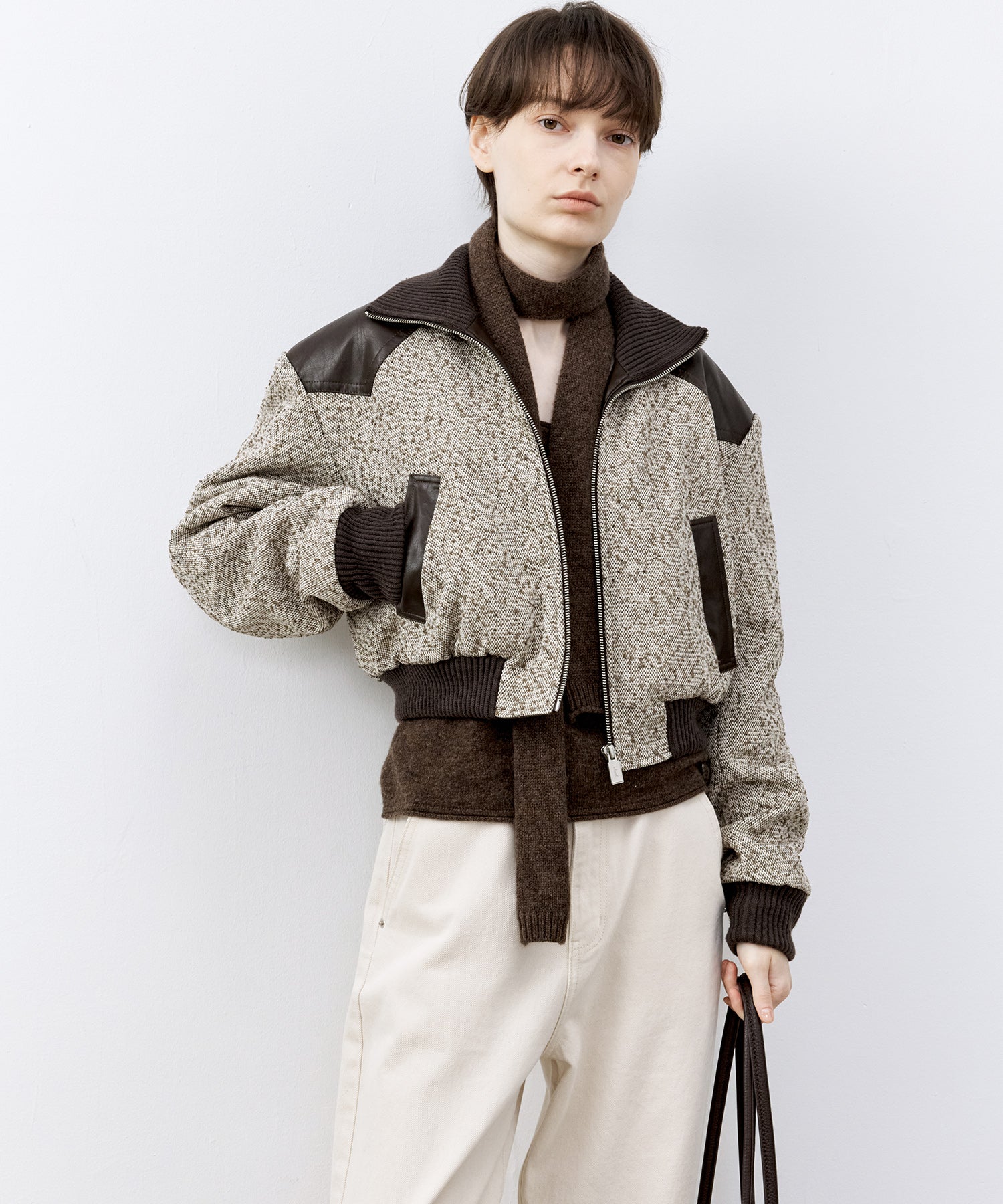 Textured Panel Short Puffer Jacket with Ribbed Stand Collar