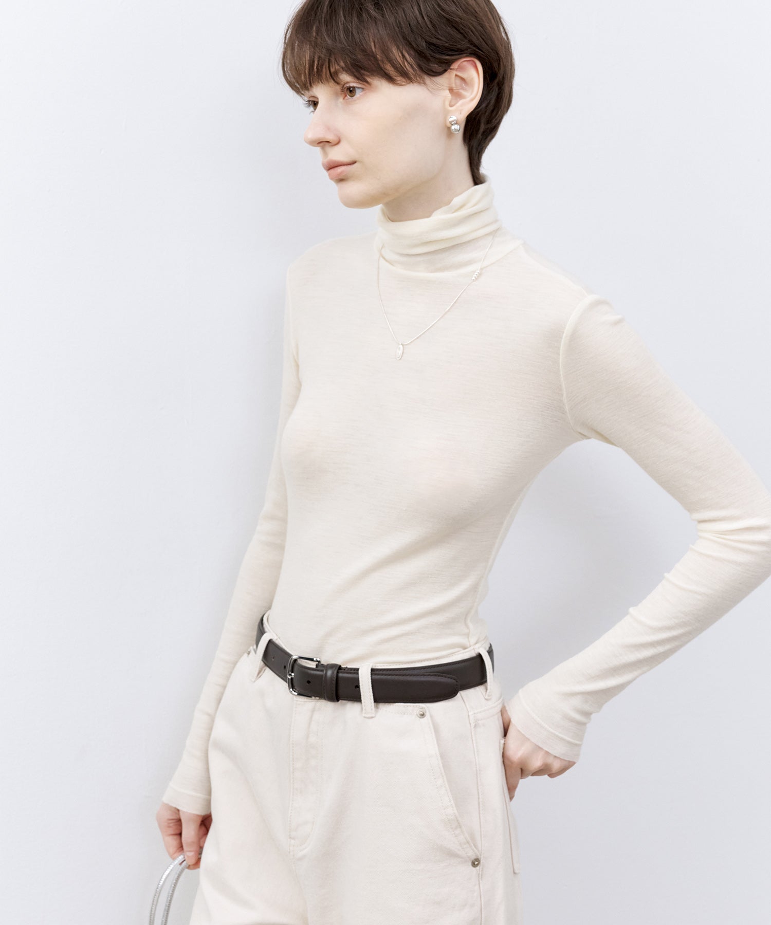 Draped Texture Wool Turtleneck Long Sleeve Top