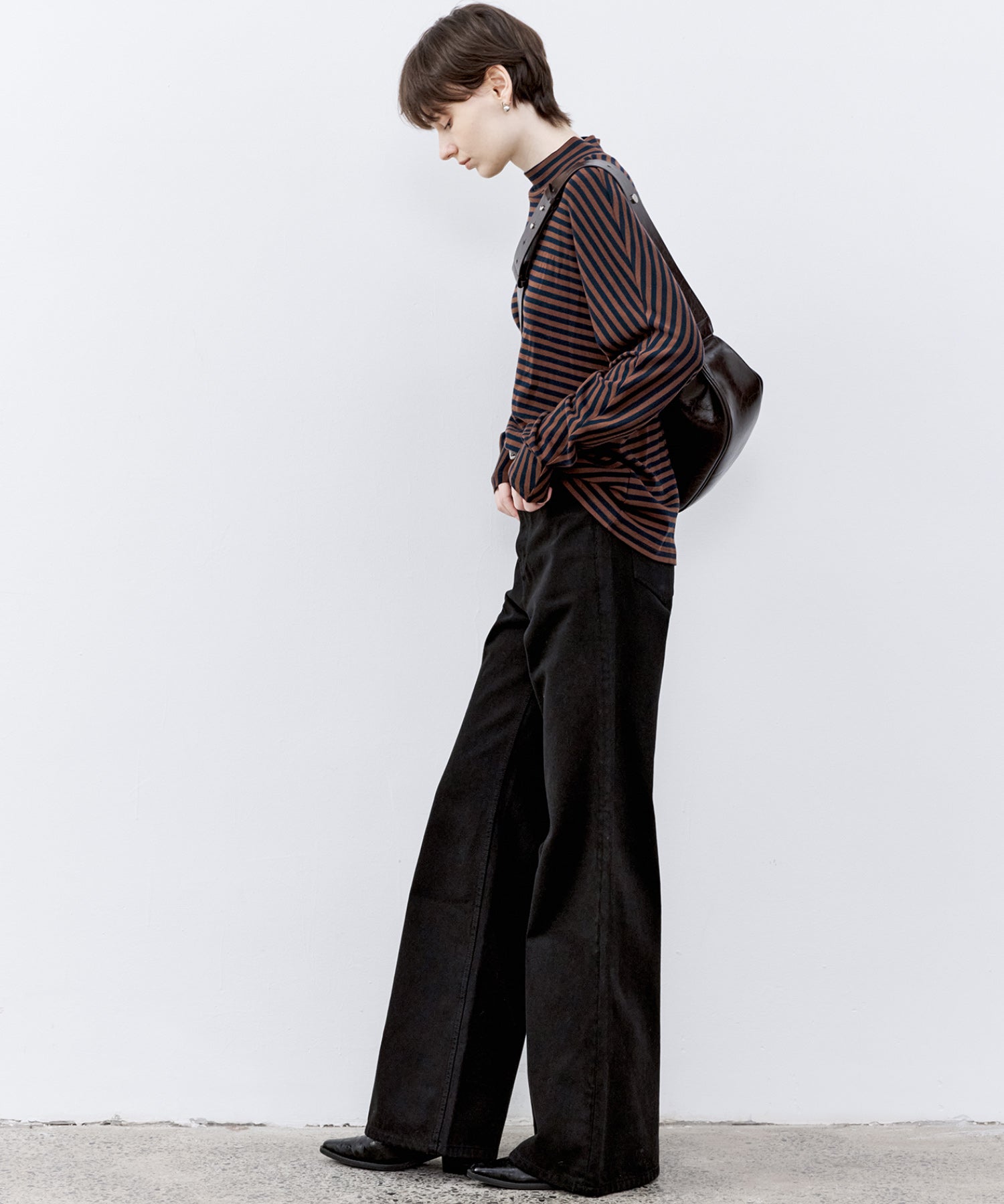 Wool Blend Striped Bihigh Neck Long Sleeve Tee