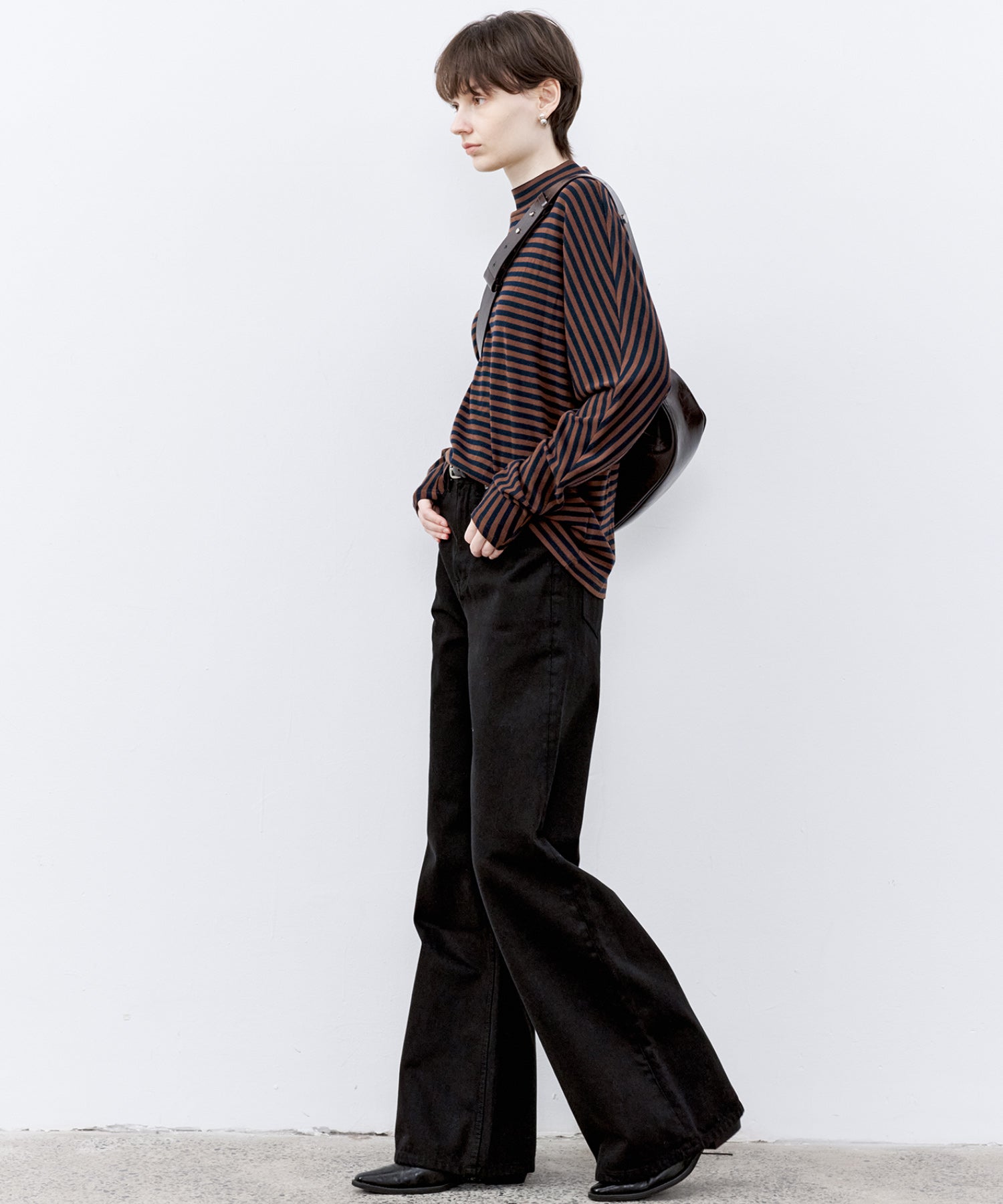 Wool Blend Striped Bihigh Neck Long Sleeve Tee
