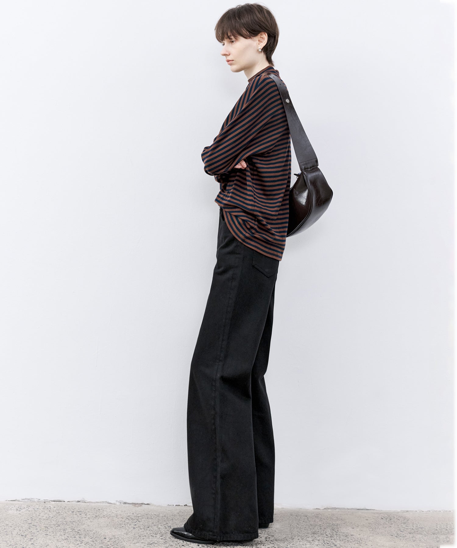 Wool Blend Striped Bihigh Neck Long Sleeve Tee