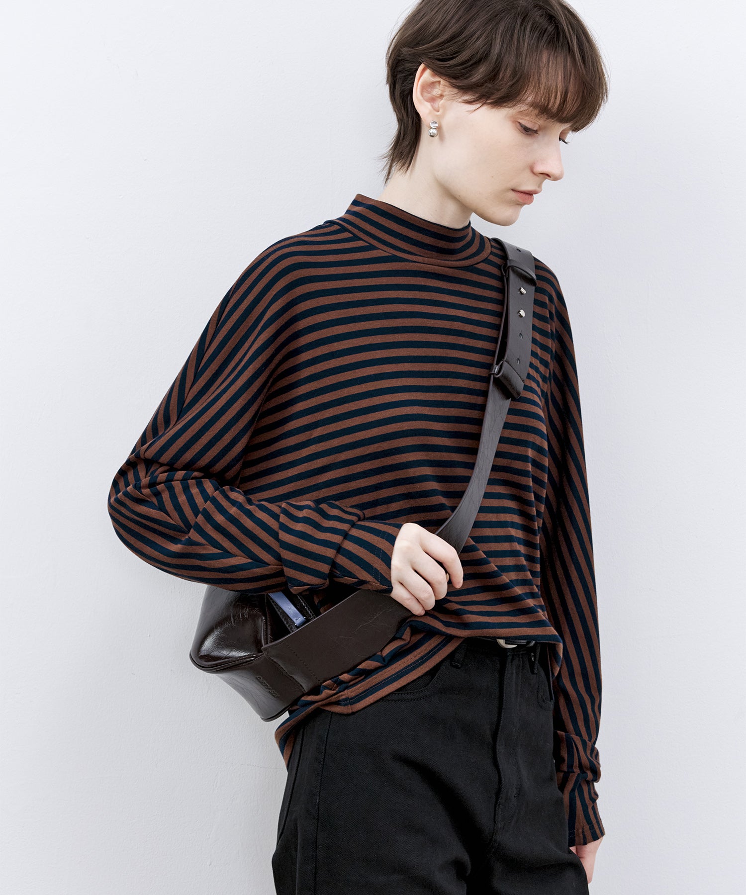 Wool Blend Striped Bihigh Neck Long Sleeve Tee