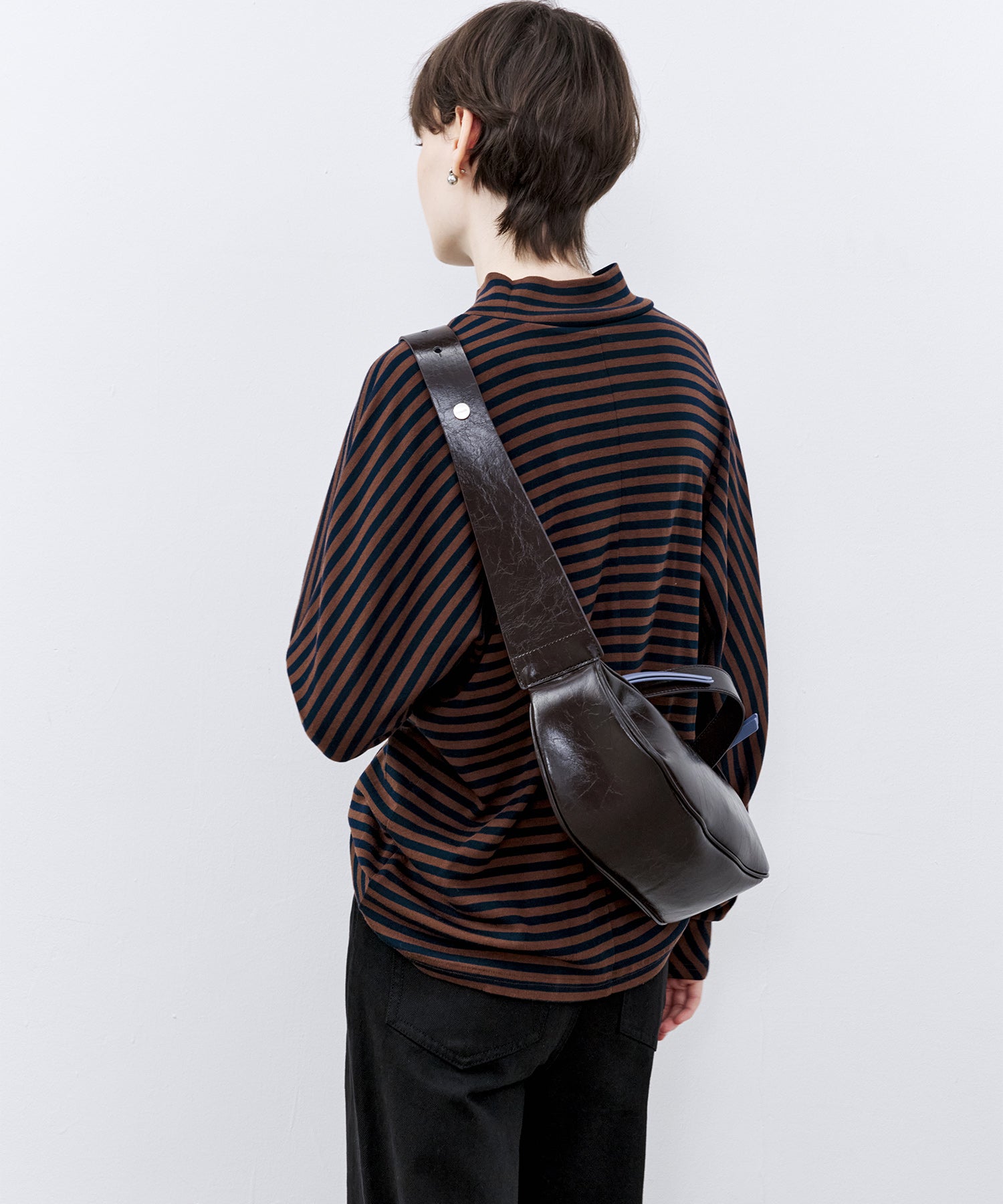 Wool Blend Striped Bihigh Neck Long Sleeve Tee
