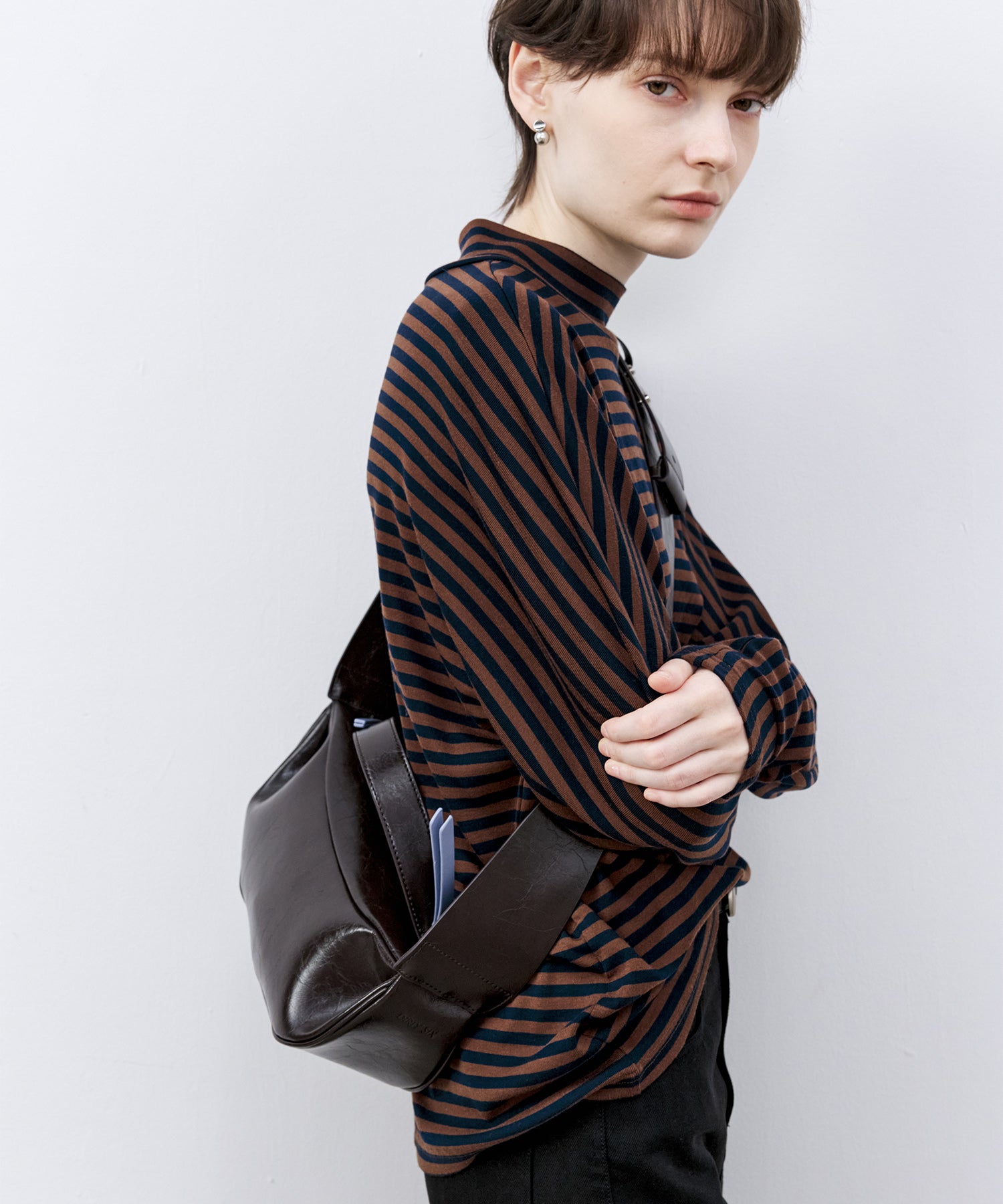 Wool Blend Striped Bihigh Neck Long Sleeve Tee