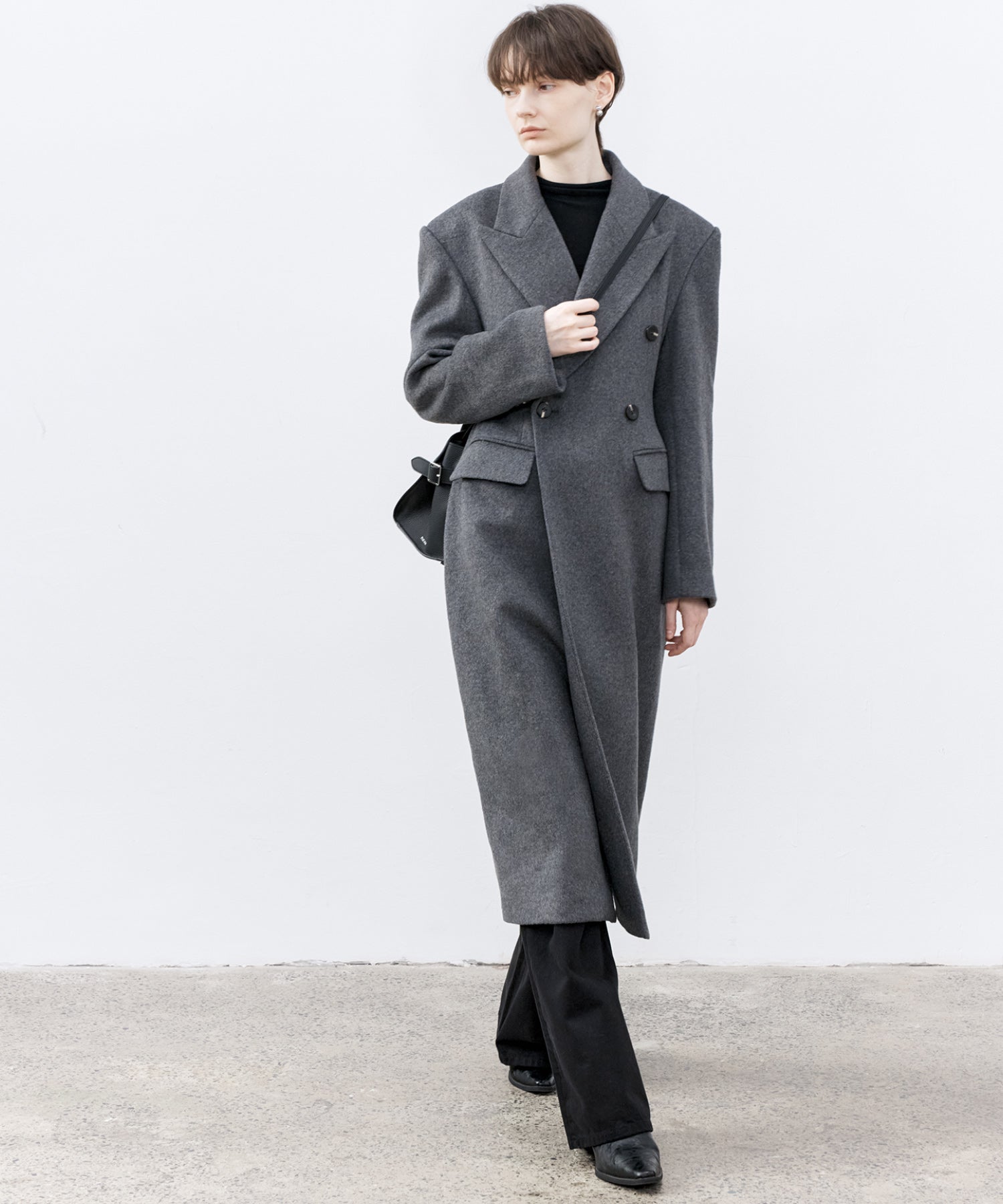 Structured Wool Long Coat with Padded Shoulders
