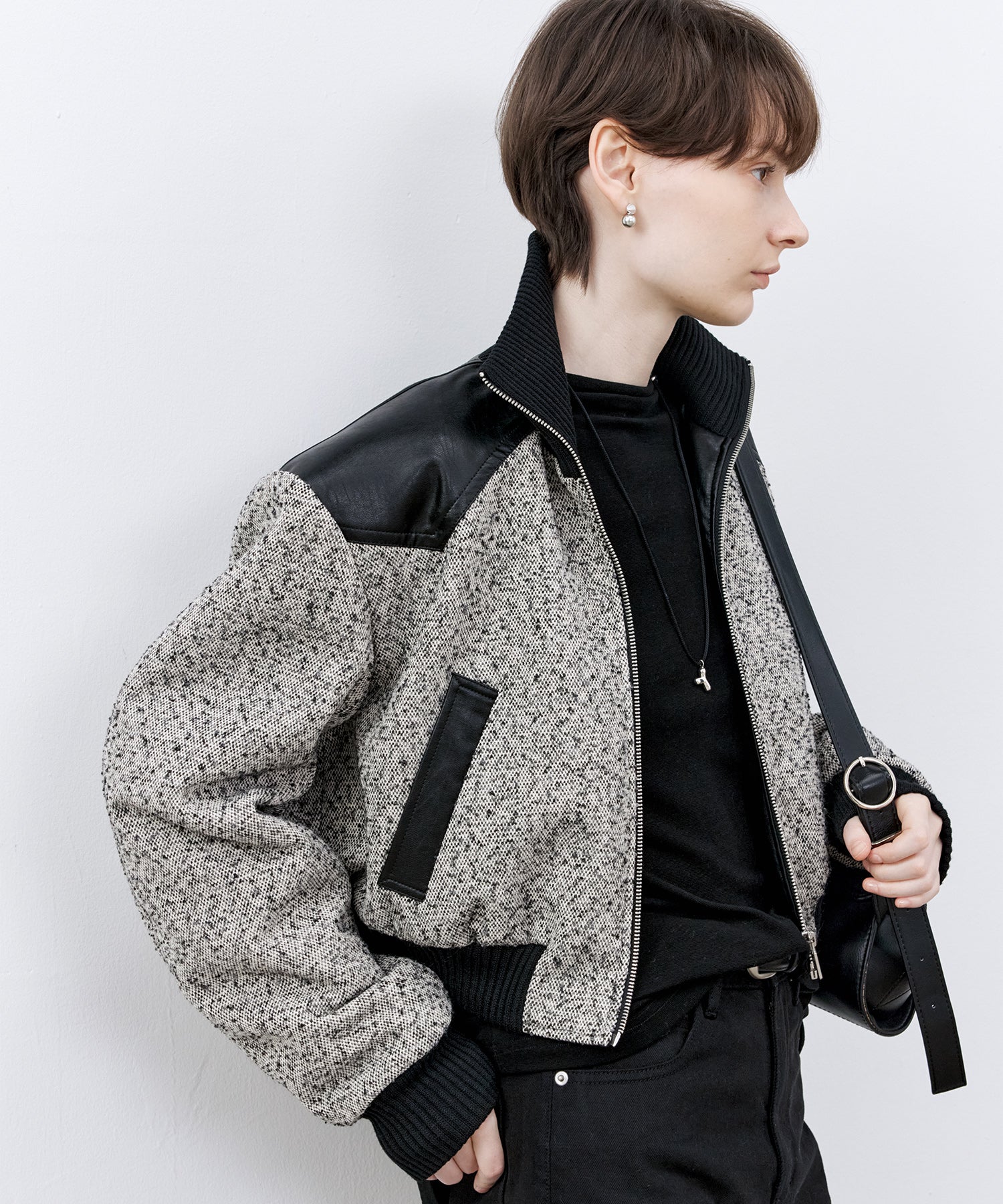 Textured Panel Short Puffer Jacket with Ribbed Stand Collar