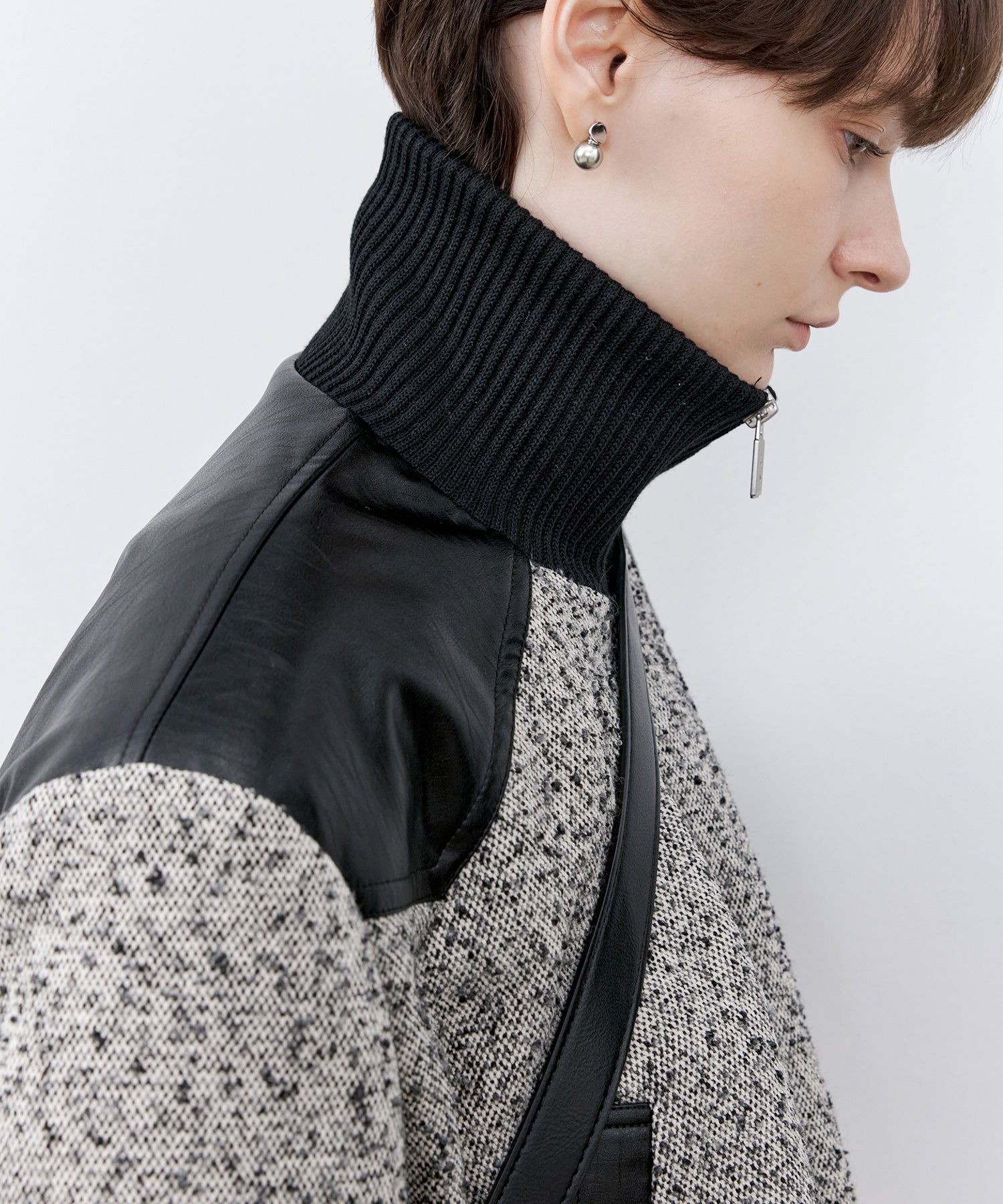 Textured Panel Short Puffer Jacket with Ribbed Stand Collar