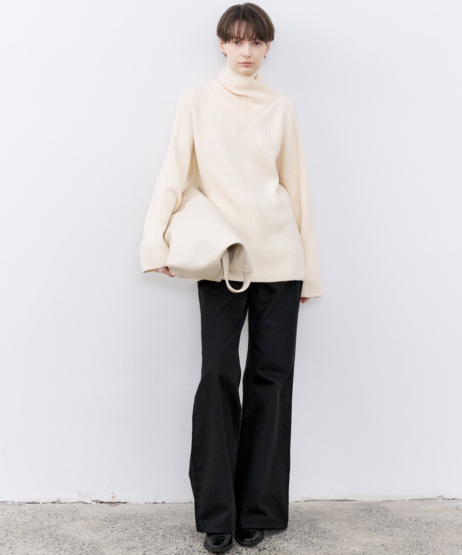 Relaxed Fit Wool-Blend Sweater with Crossed High Neck