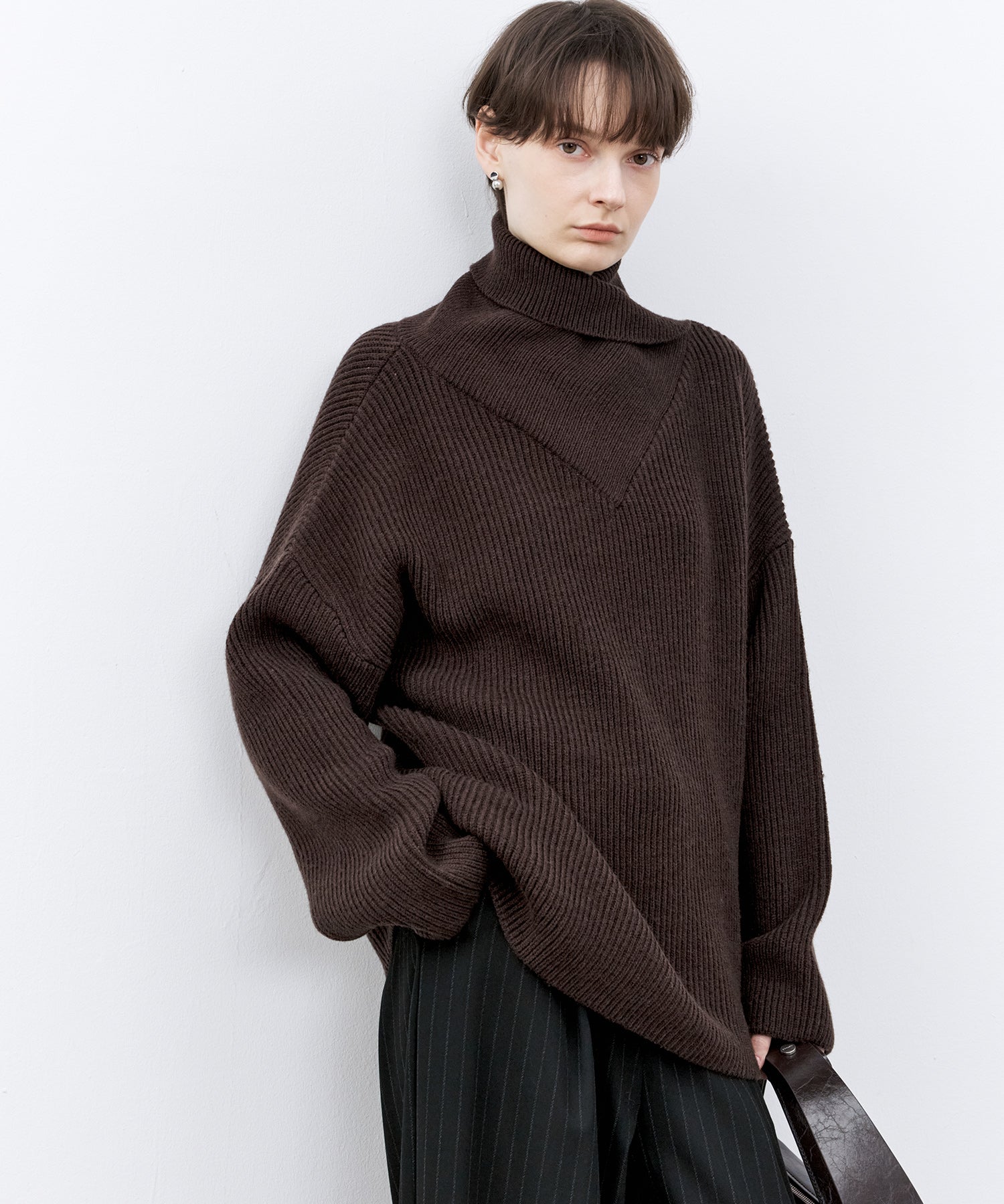Relaxed Fit Wool-Blend Sweater with Crossed High Neck