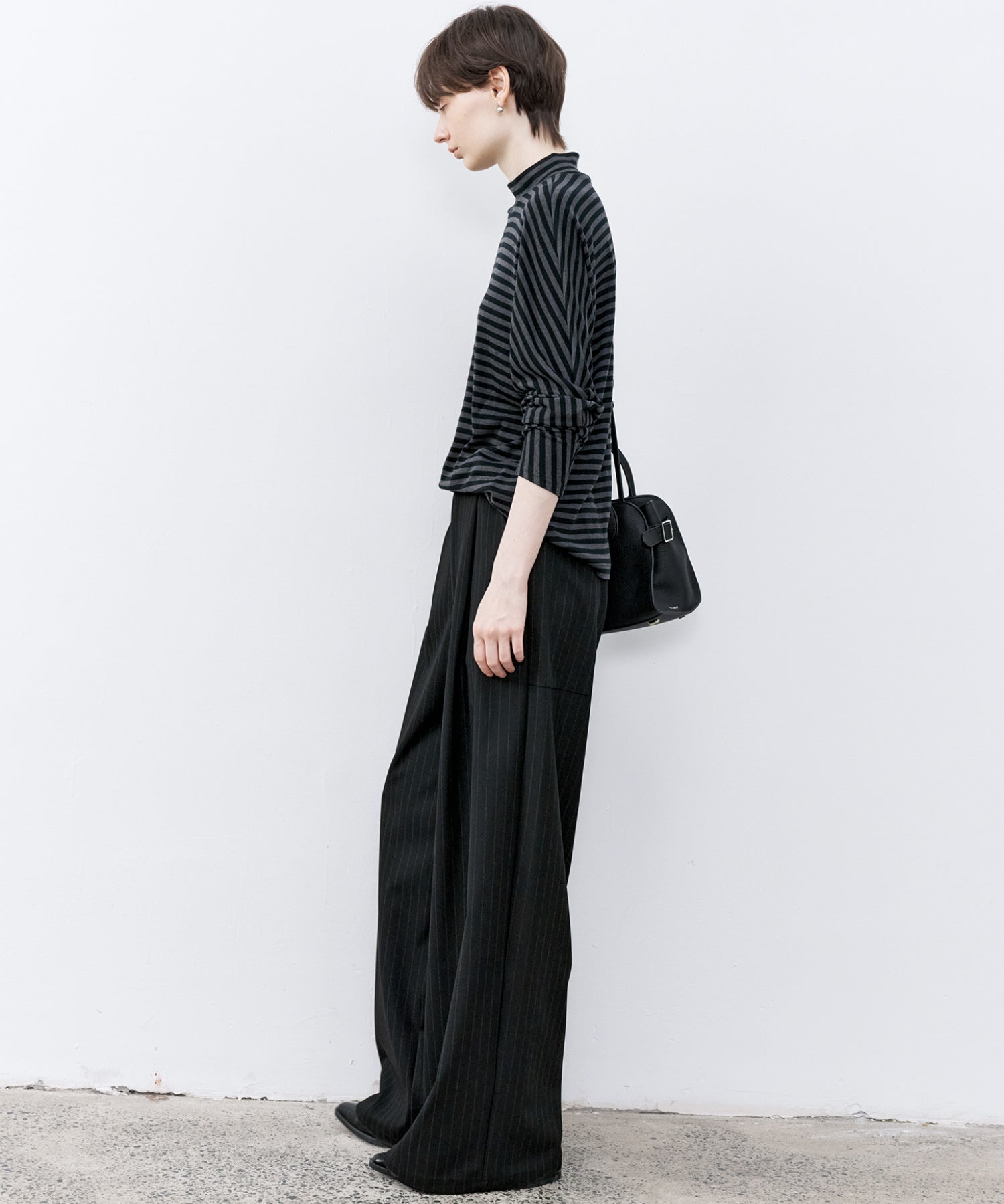 Wool Blend Striped Bihigh Neck Long Sleeve Tee