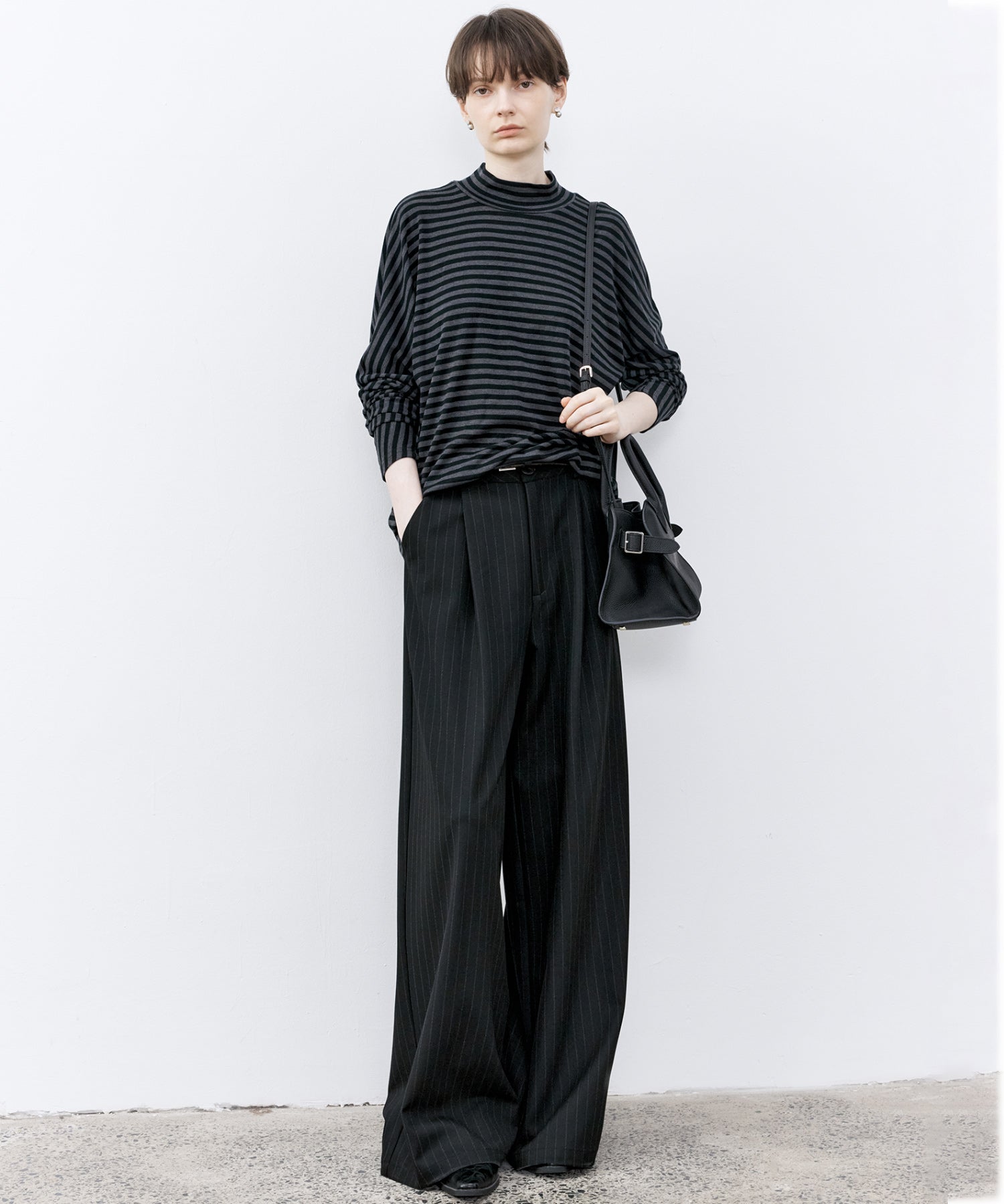 Wool Blend Striped Bihigh Neck Long Sleeve Tee