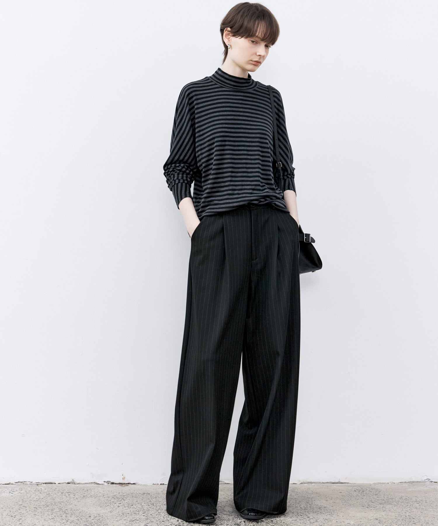 Wool Blend Striped Bihigh Neck Long Sleeve Tee
