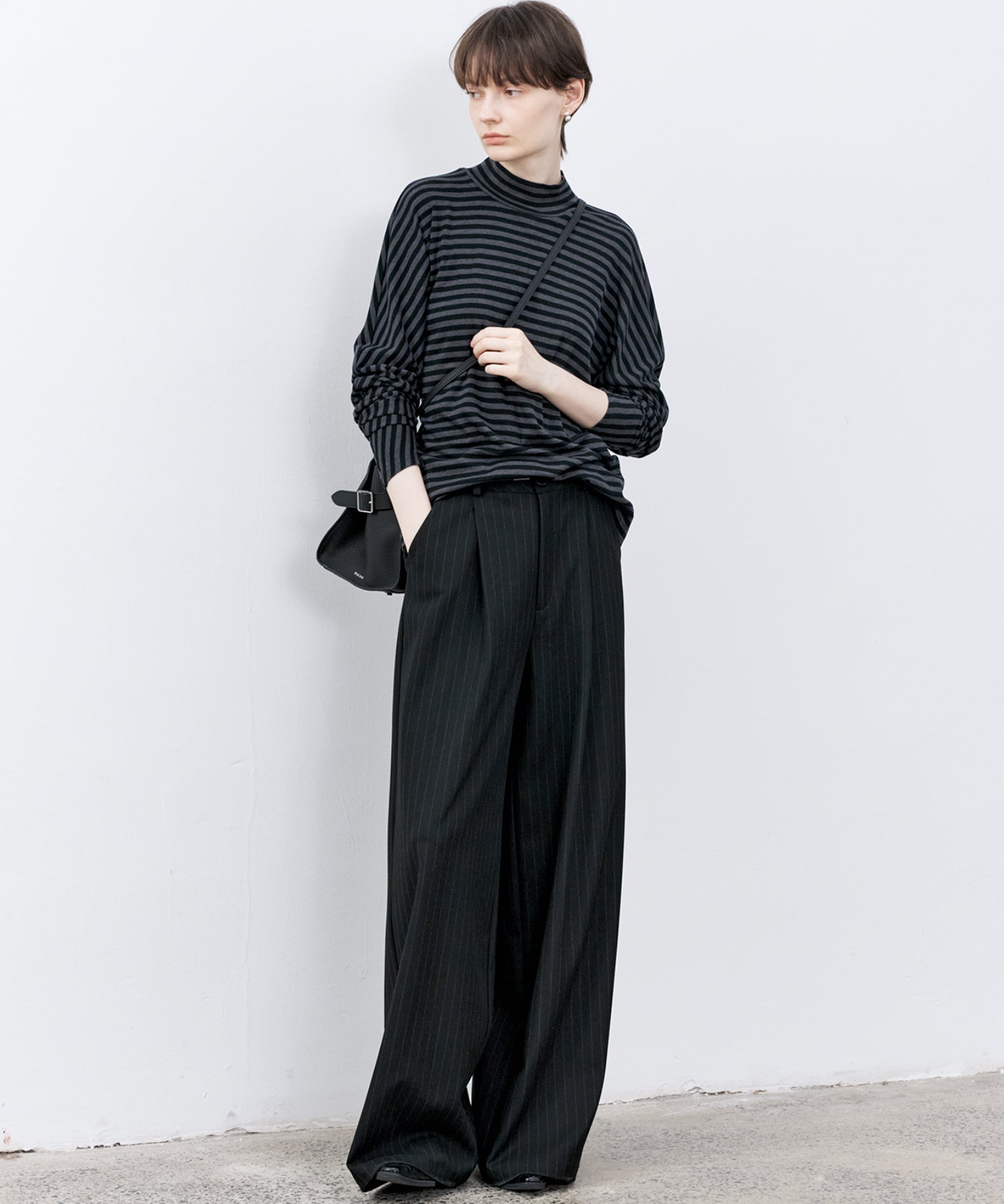 Wool Blend Striped Bihigh Neck Long Sleeve Tee