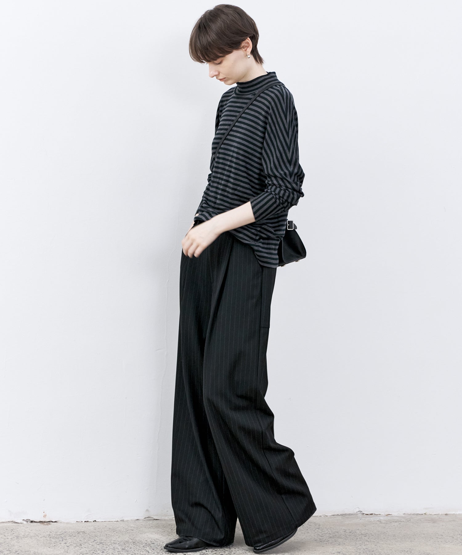 Wool Blend Striped Bihigh Neck Long Sleeve Tee