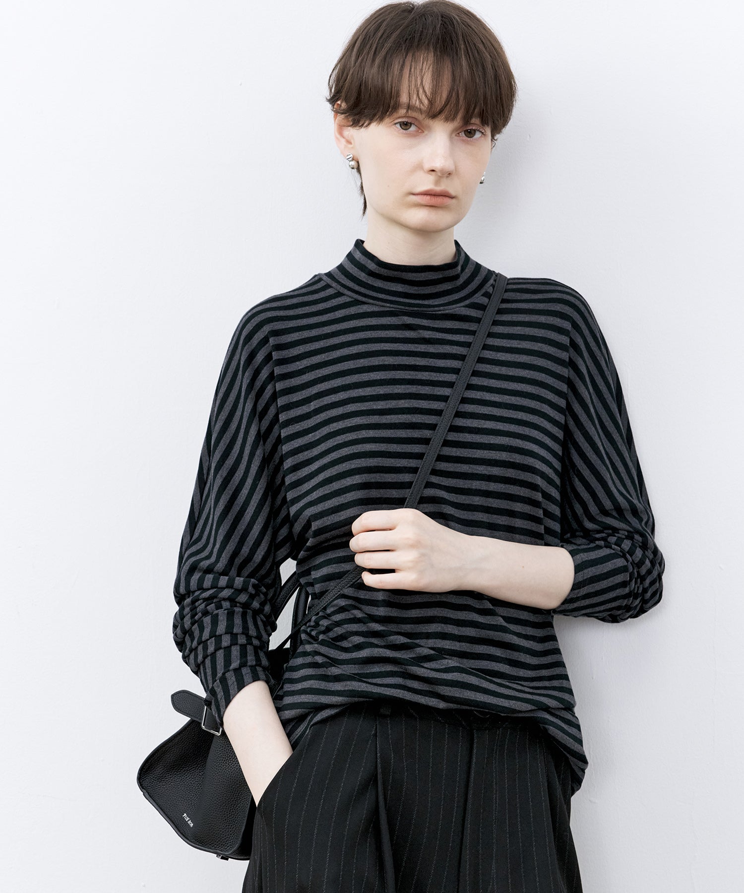 Wool Blend Striped Bihigh Neck Long Sleeve Tee