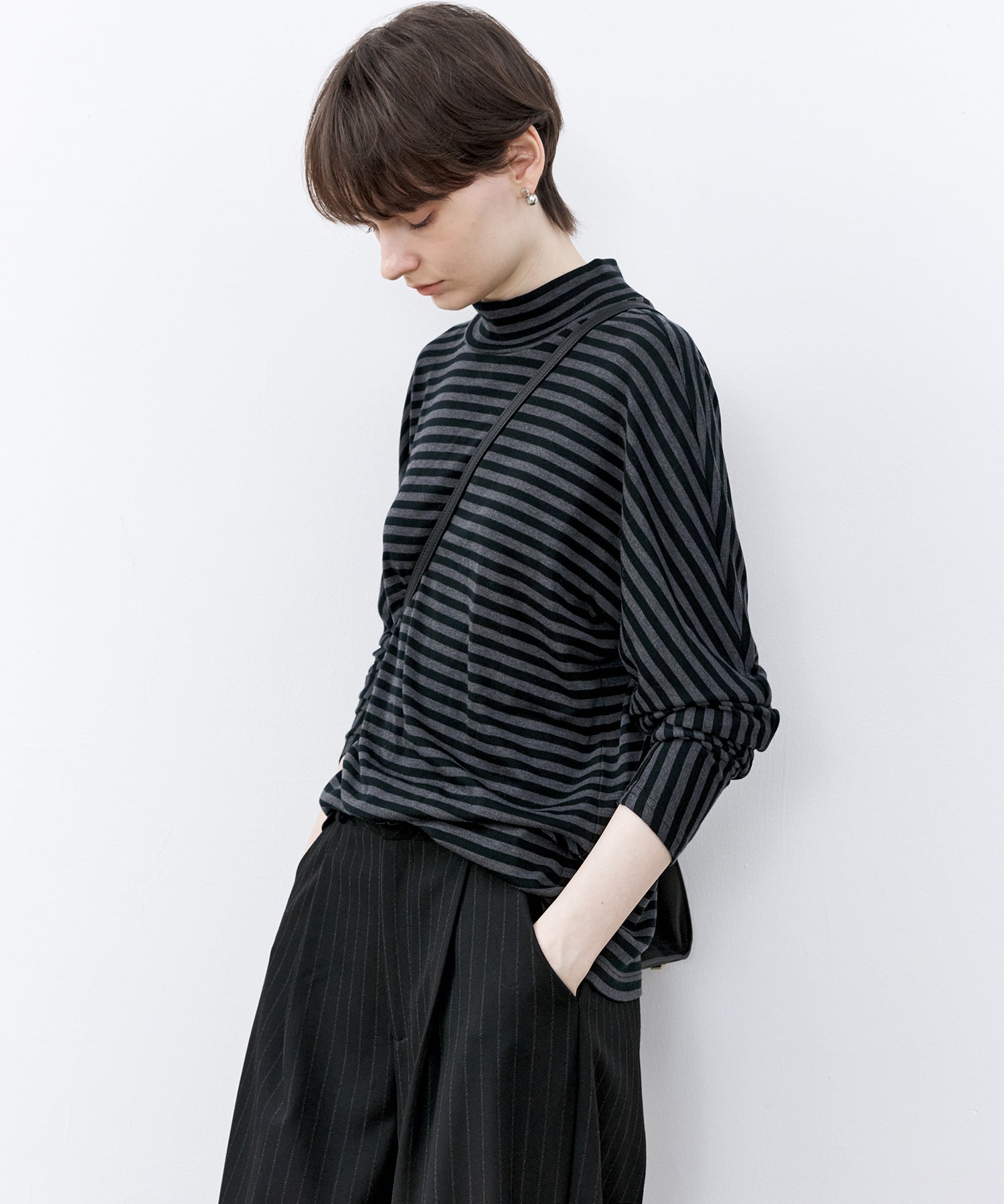 Wool Blend Striped Bihigh Neck Long Sleeve Tee