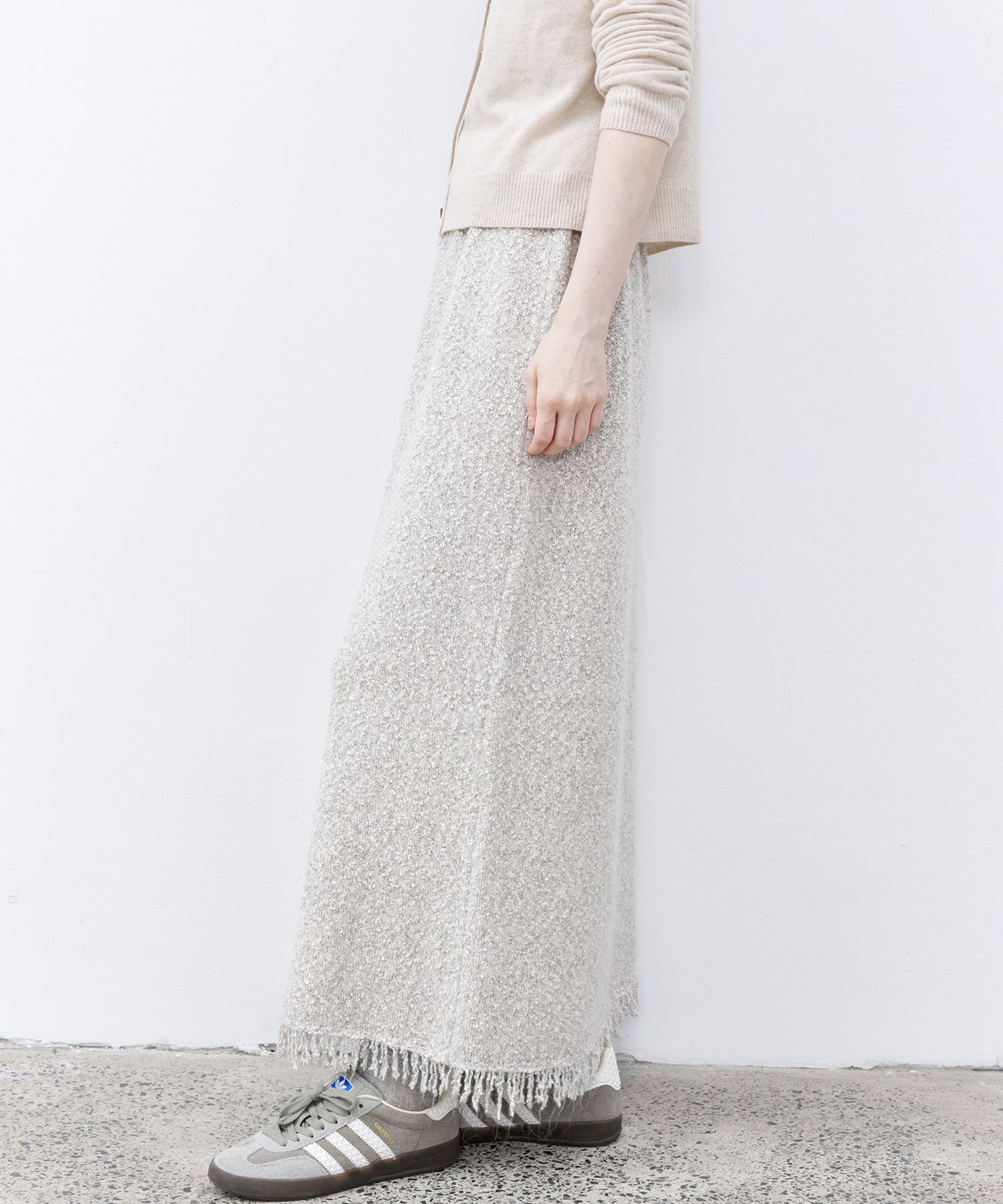 Fringe Accent Textured Knit Skirt – Tweed-Like A-Line