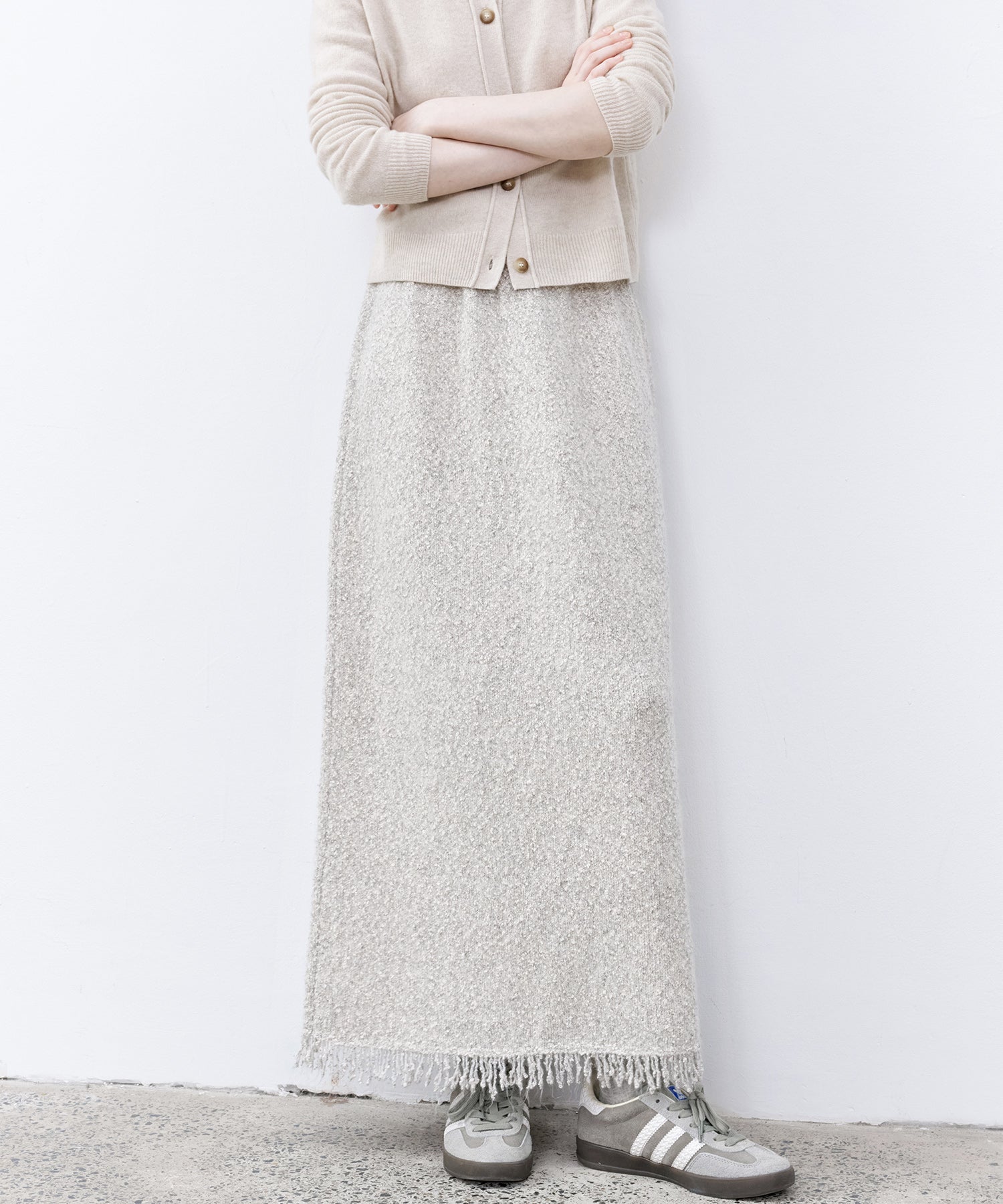 Fringe Accent Textured Knit Skirt – Tweed-Like A-Line