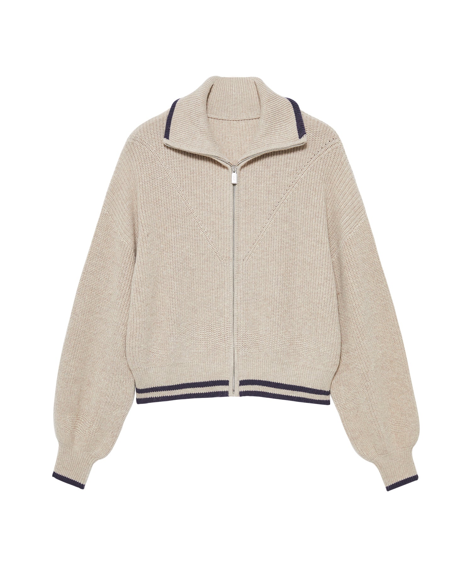 Contrast Panel Wool Zip Cardigan with Dual-Way Collar