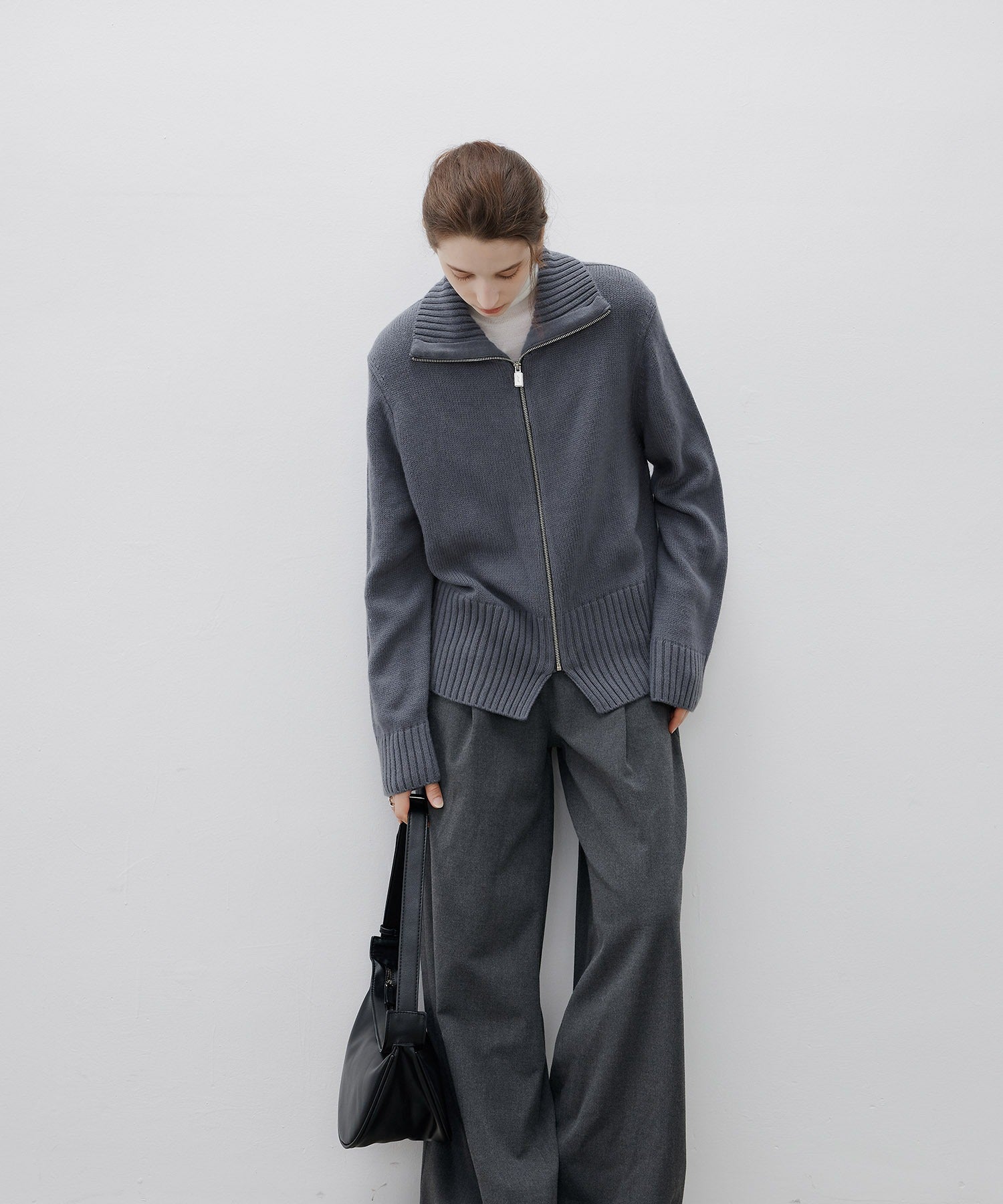 Ribbed Knit Zip-Up Top