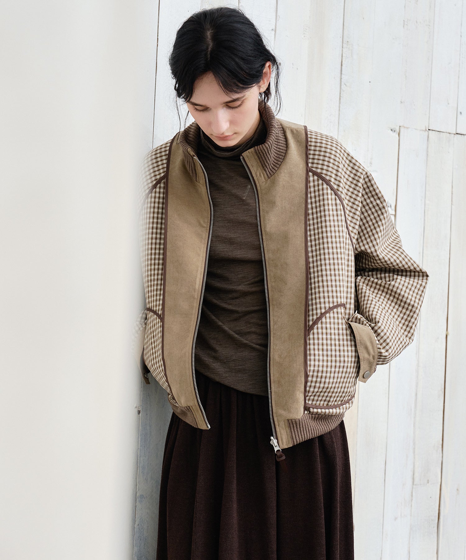 Reverse-Look Oversized Cropped Check Short Jacket